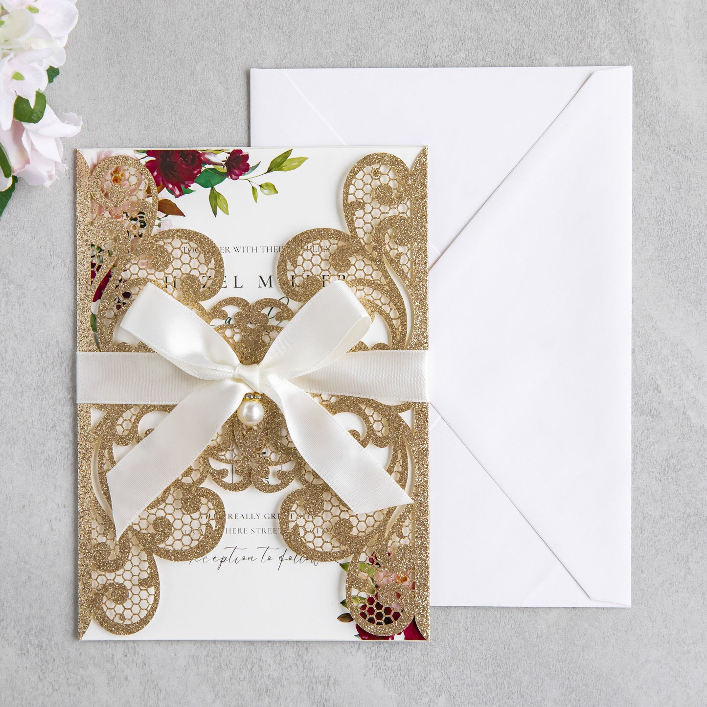 NingsPaper Rose Gold Laser Cut Invitation Cards with Ribbons and Rhinestone Pearls