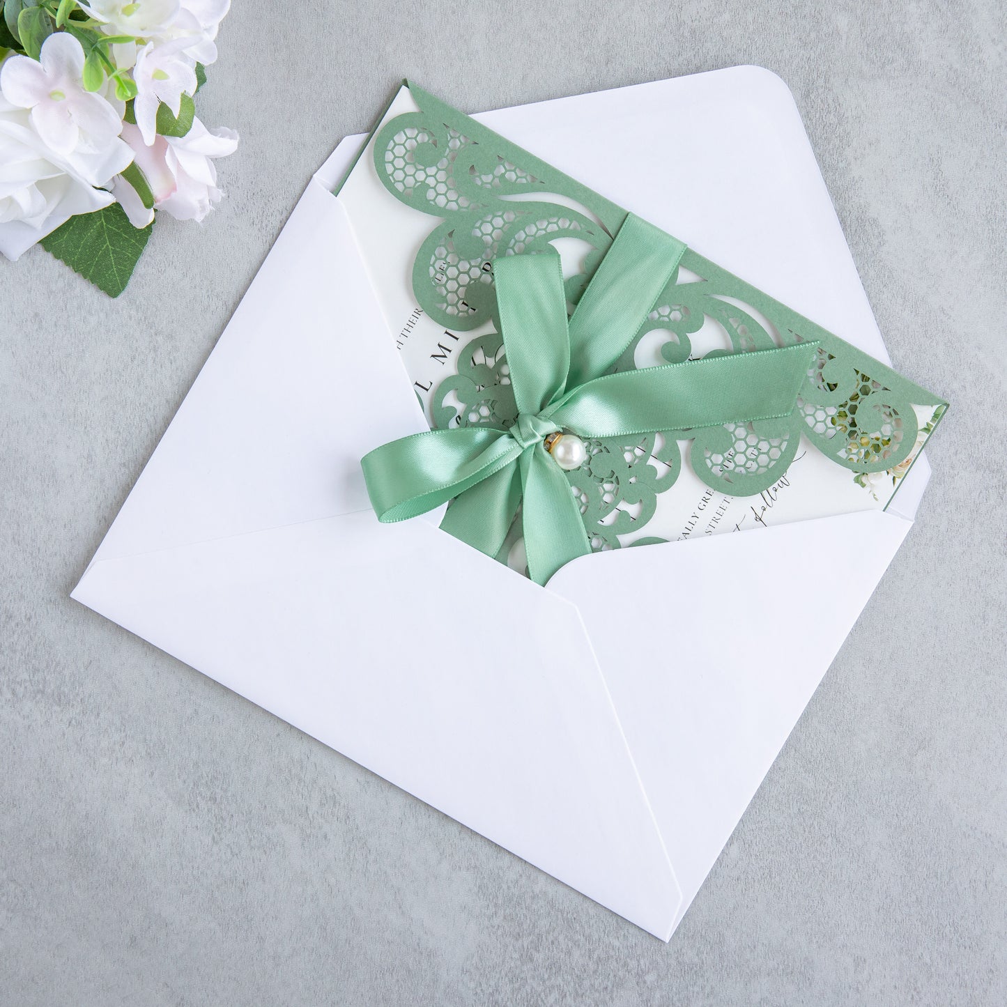 NingsPaper Sage Green Laser Cut Invitation Cards with Ribbons and Rhinestone Pearls