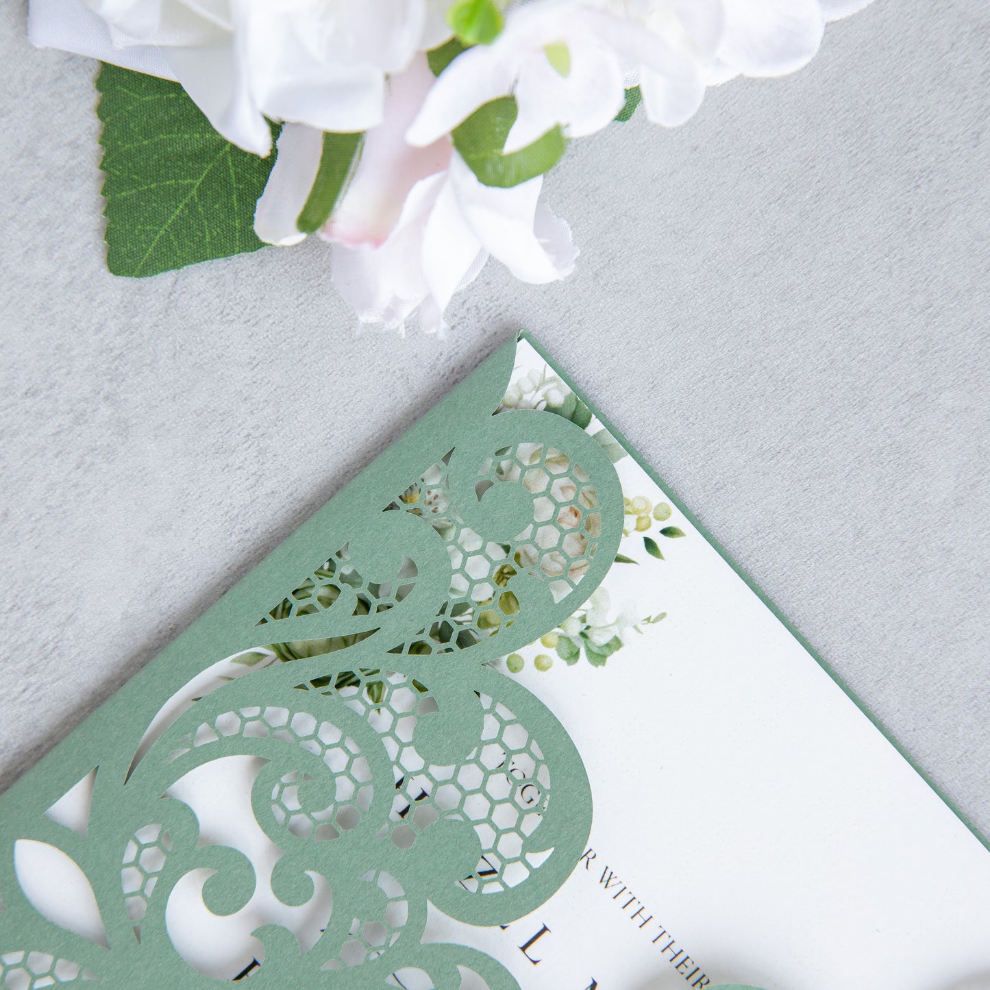 NingsPaper Sage Green Laser Cut Invitation Cards with Ribbons and Rhinestone Pearls