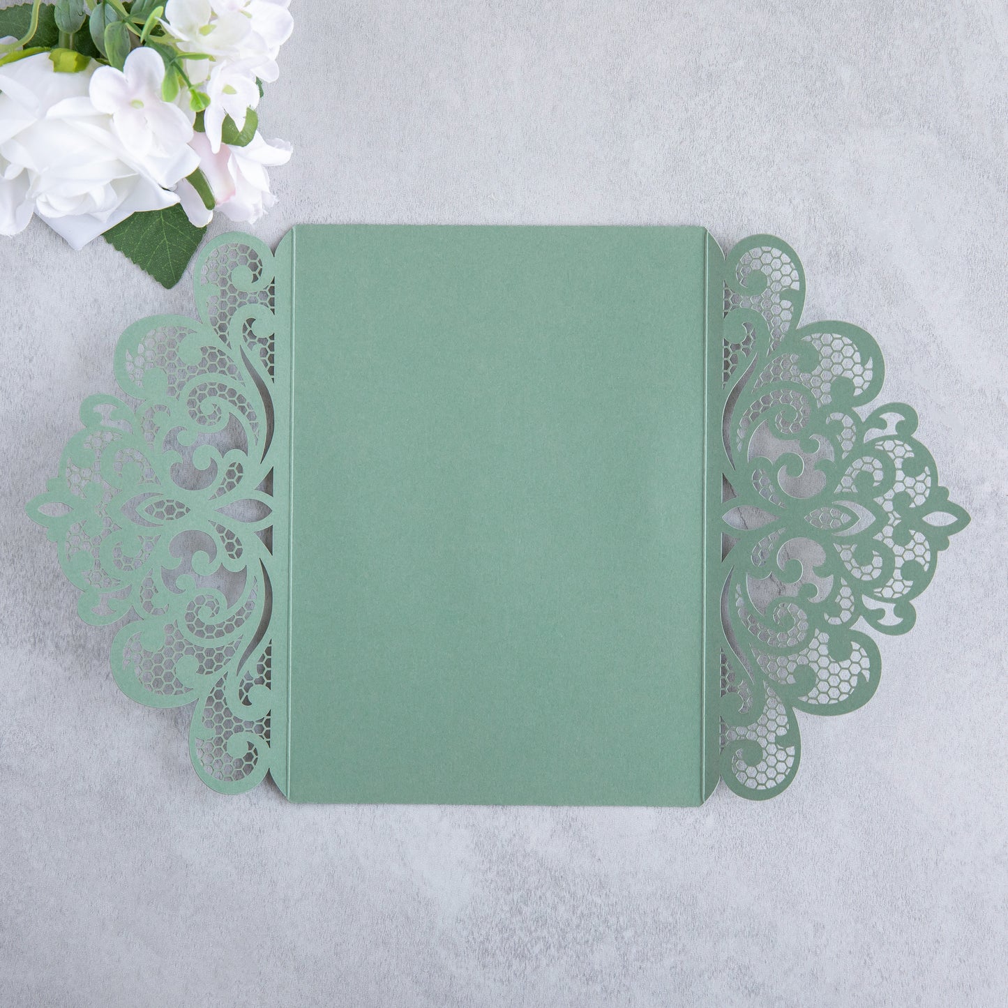 NingsPaper Sage Green Laser Cut Invitation Cards with Ribbons and Rhinestone Pearls