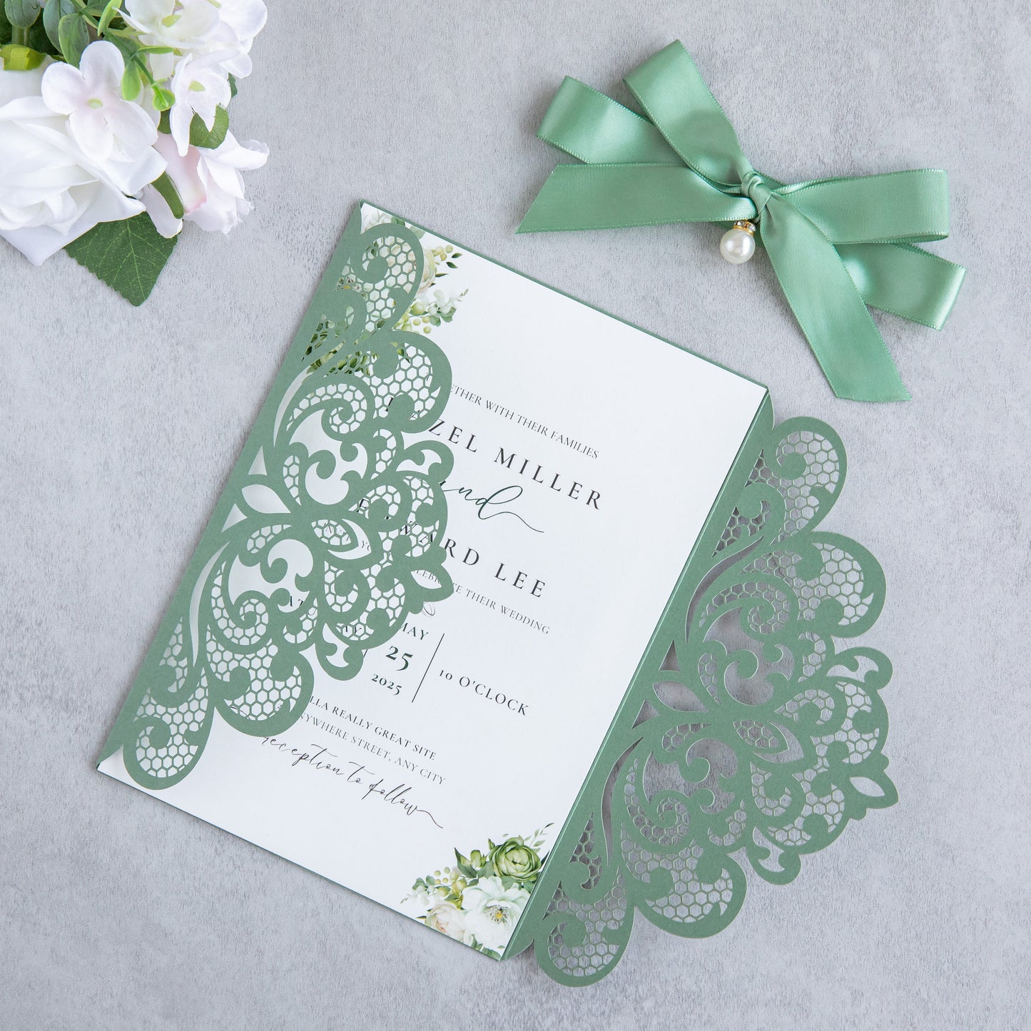 NingsPaper Sage Green Laser Cut Invitation Cards with Ribbons and Rhinestone Pearls