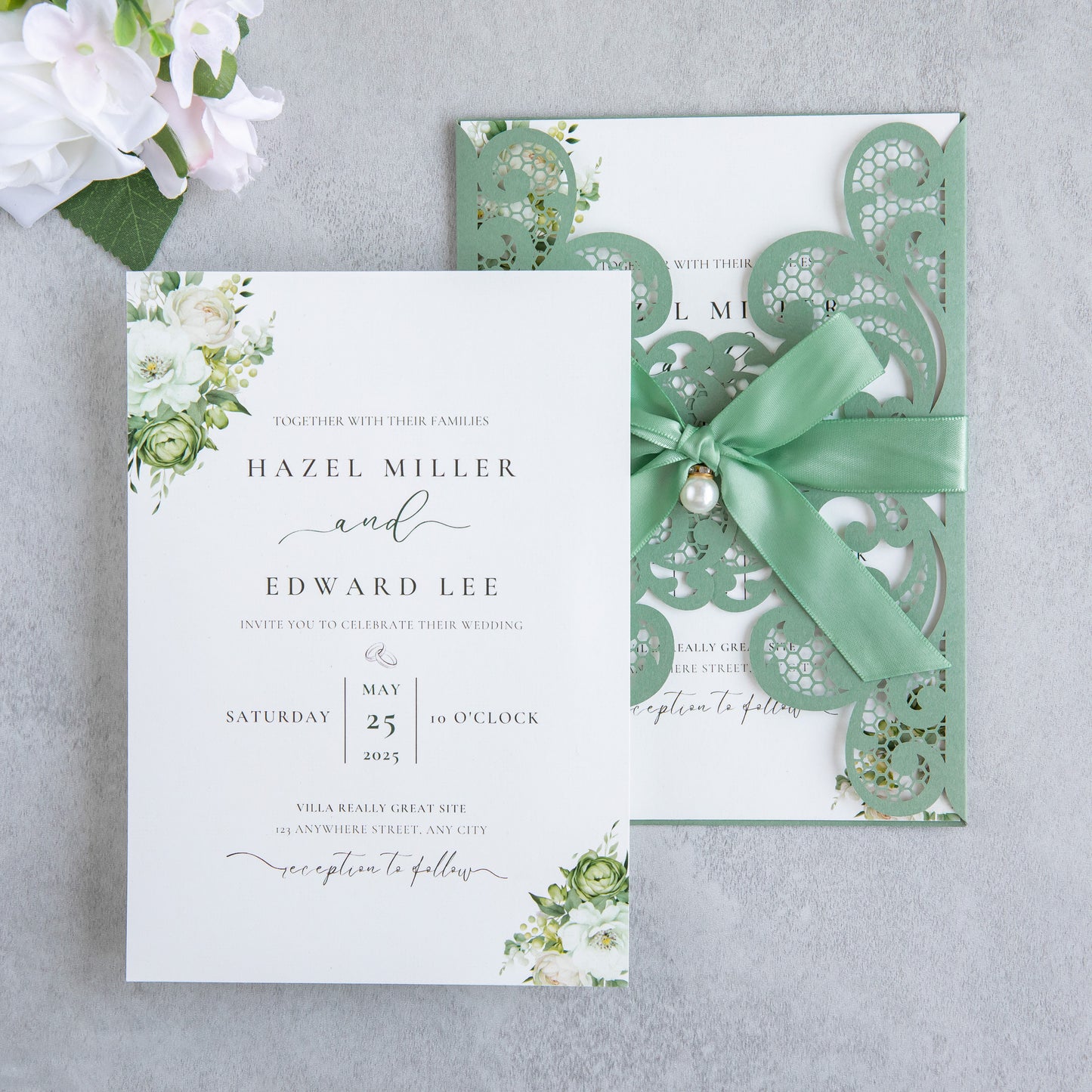 NingsPaper Sage Green Laser Cut Invitation Cards with Ribbons and Rhinestone Pearls