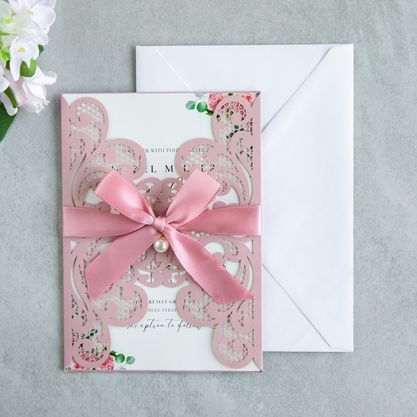NingsPaper Dusty Rose Laser Cut Invitation Cards with Ribbons and Rhinestone Pearls