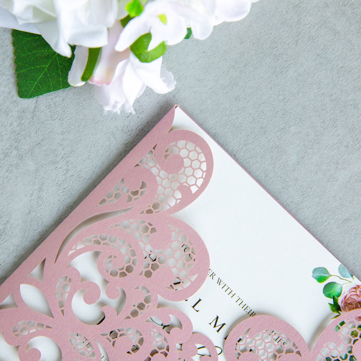 NingsPaper Dusty Rose Laser Cut Invitation Cards with Ribbons and Rhinestone Pearls