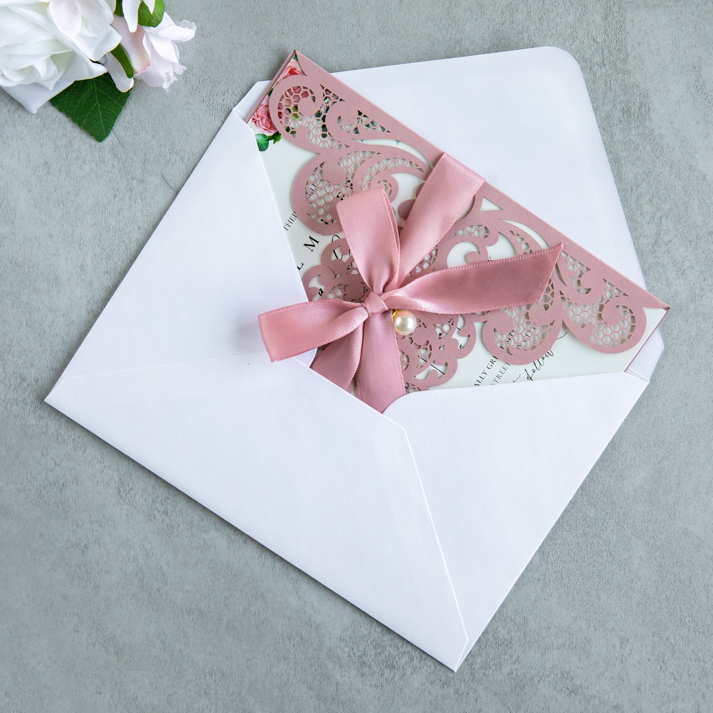 NingsPaper Dusty Rose Laser Cut Invitation Cards with Ribbons and Rhinestone Pearls