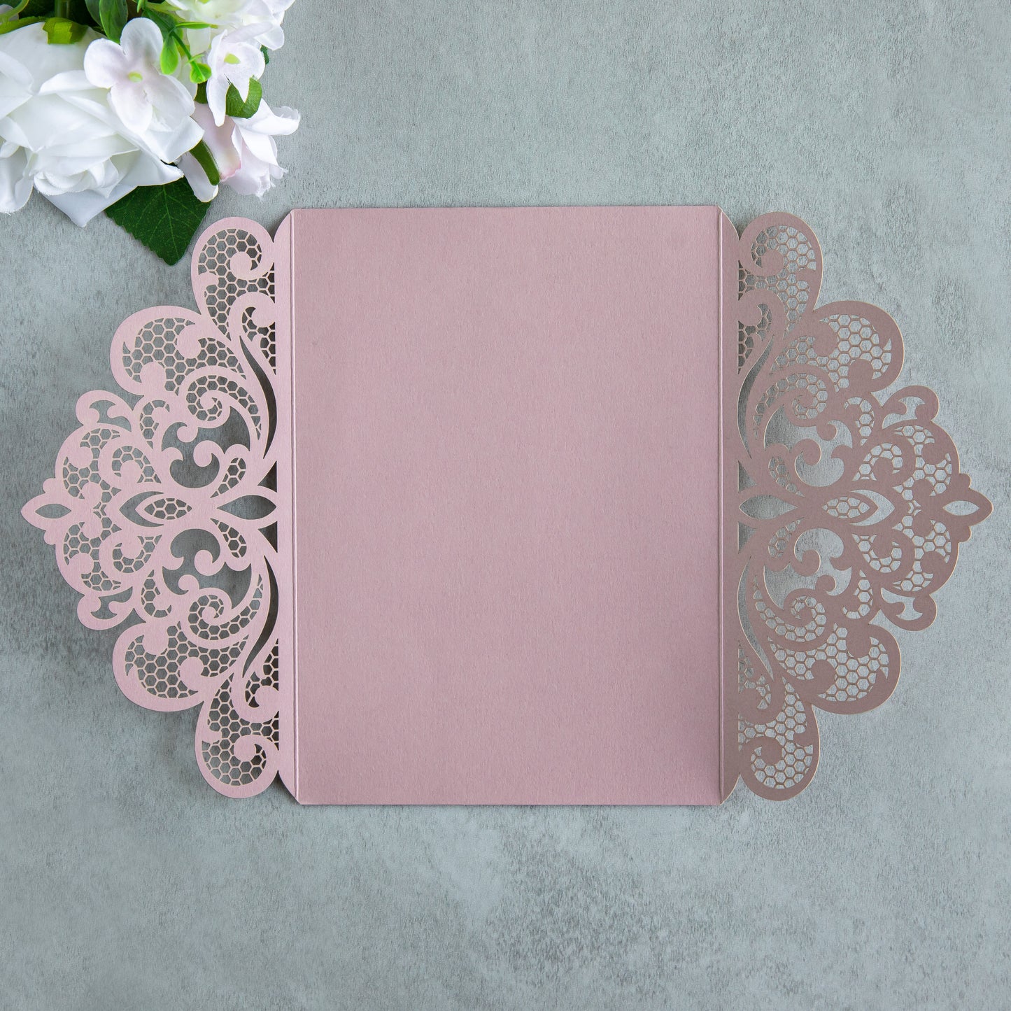 NingsPaper Dusty Rose Laser Cut Invitation Cards with Ribbons and Rhinestone Pearls