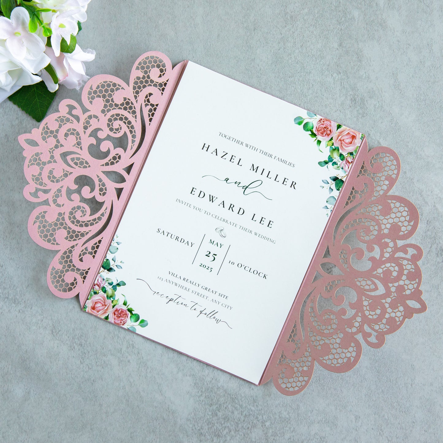 NingsPaper Dusty Rose Laser Cut Invitation Cards with Ribbons and Rhinestone Pearls
