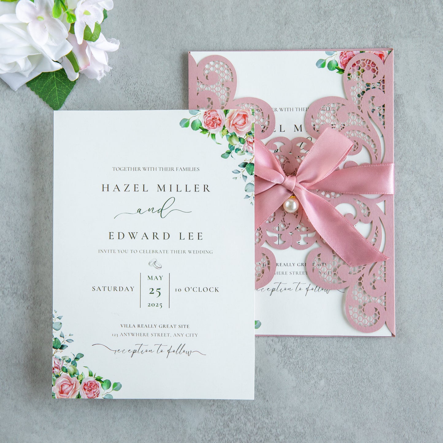 NingsPaper Dusty Rose Laser Cut Invitation Cards with Ribbons and Rhinestone Pearls