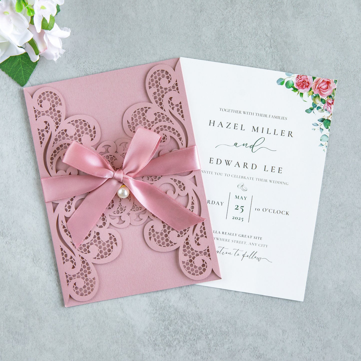 NingsPaper Dusty Rose Laser Cut Invitation Cards with Ribbons and Rhinestone Pearls