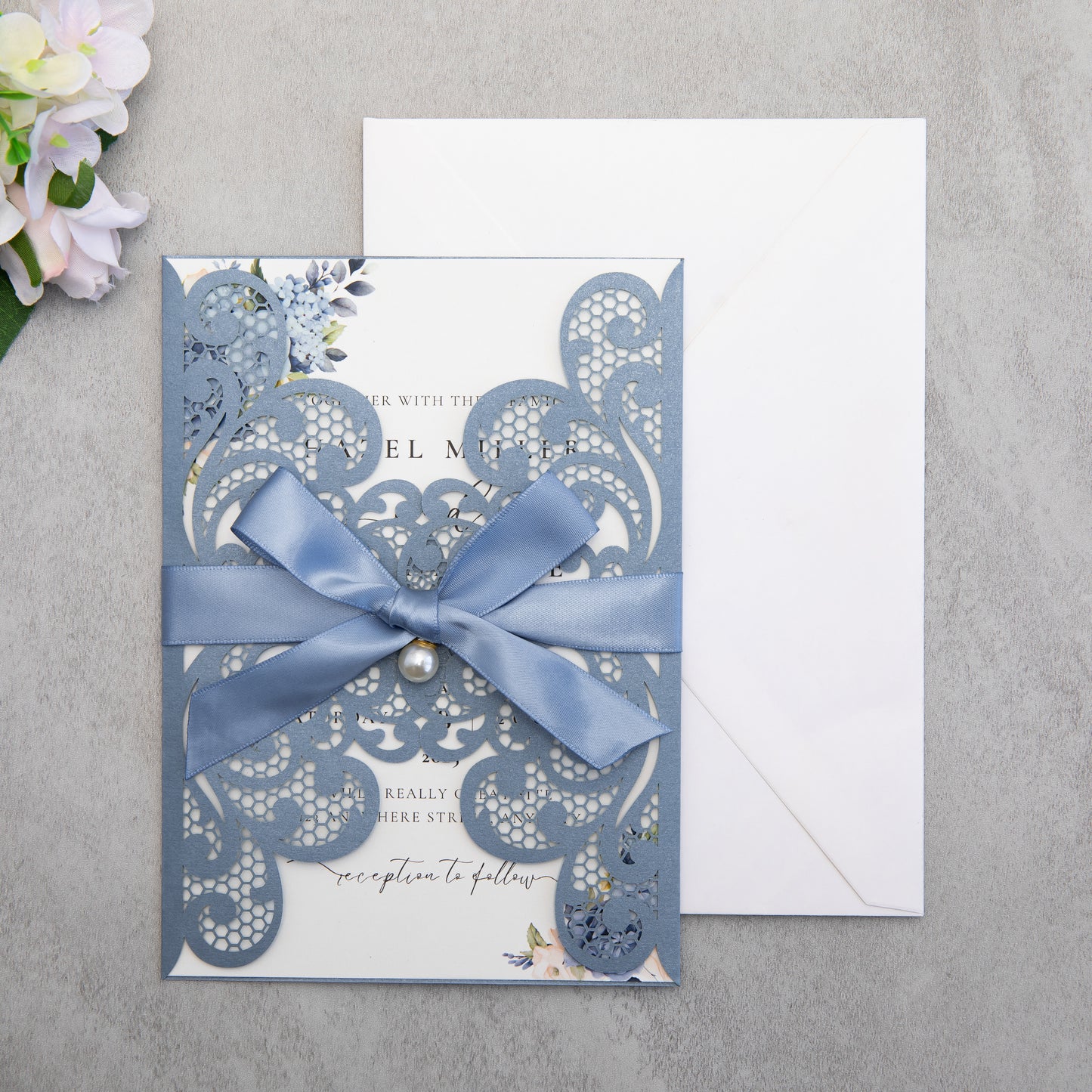 NingsPaper Dusty Blue Laser Cut Invitation Cards with Ribbons and Rhinestone Pearls