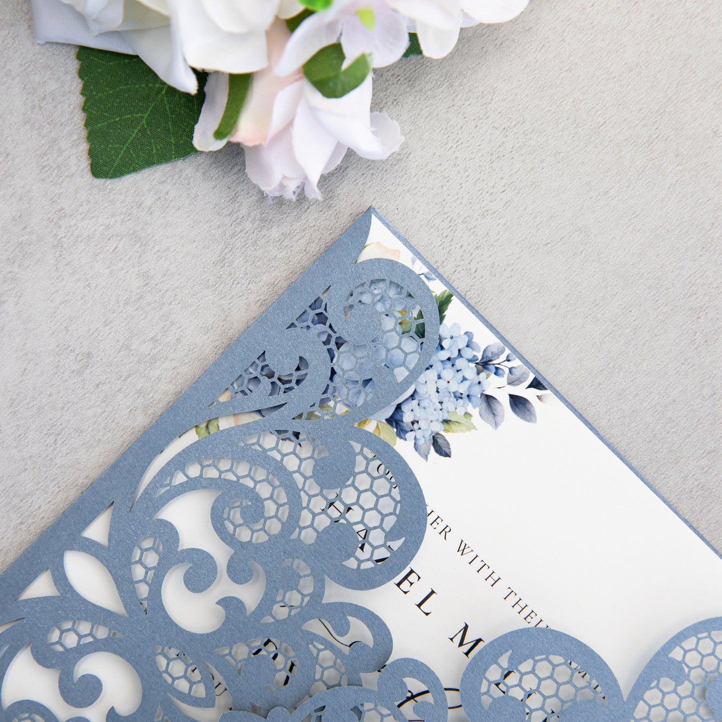 NingsPaper Dusty Blue Laser Cut Invitation Cards with Ribbons and Rhinestone Pearls