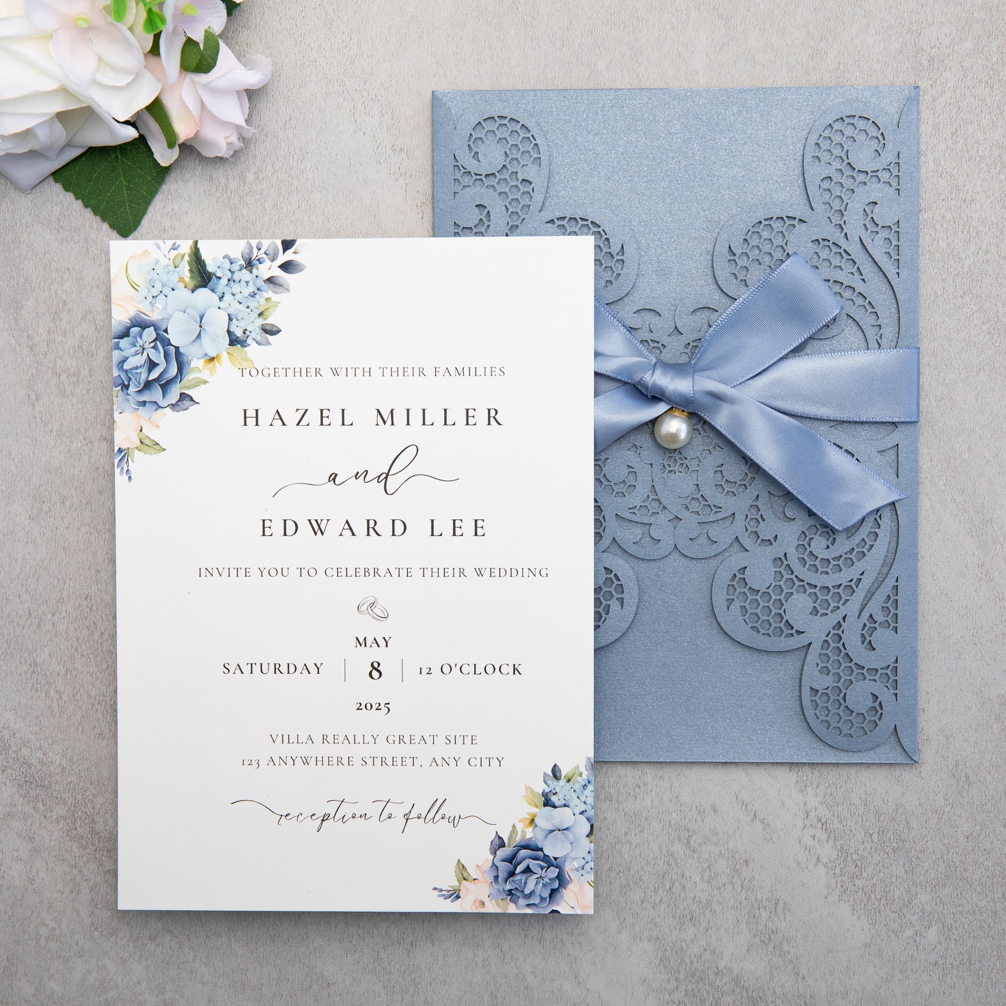NingsPaper Dusty Blue Laser Cut Invitation Cards with Ribbons and Rhinestone Pearls