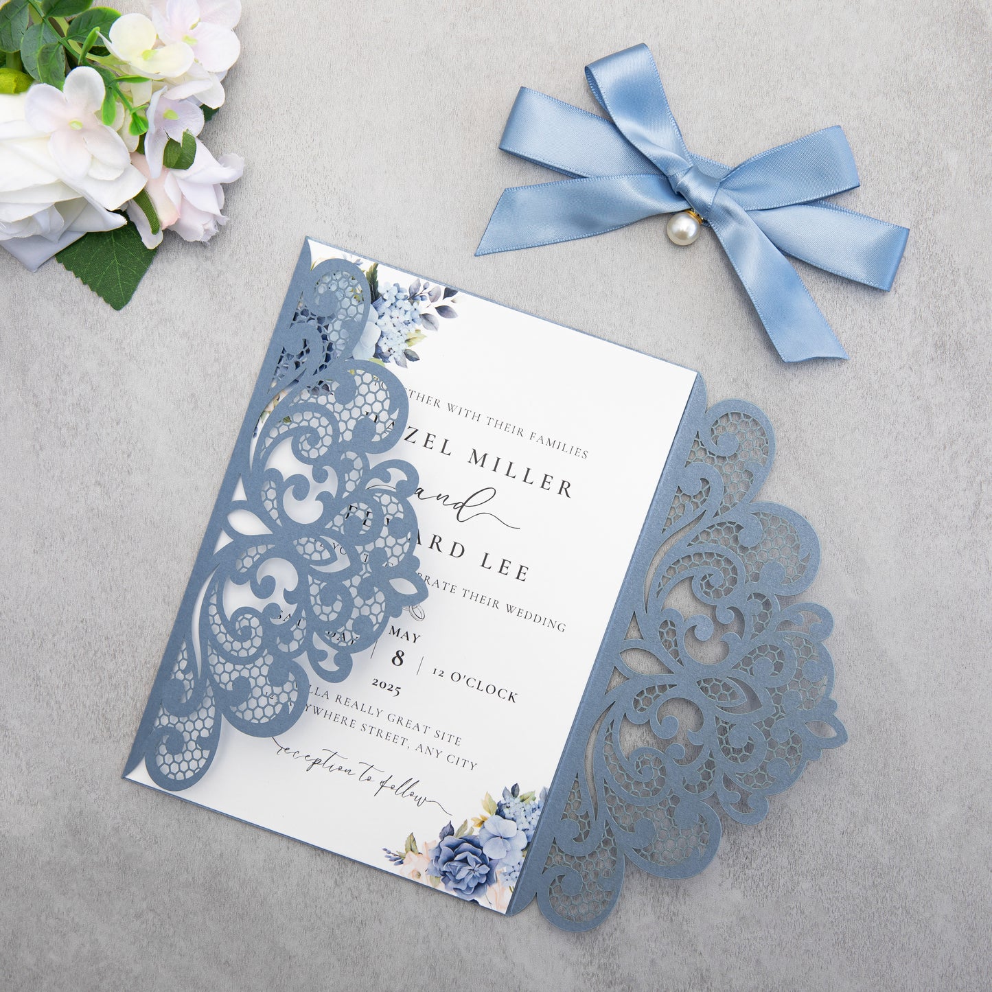 NingsPaper Dusty Blue Laser Cut Invitation Cards with Ribbons and Rhinestone Pearls