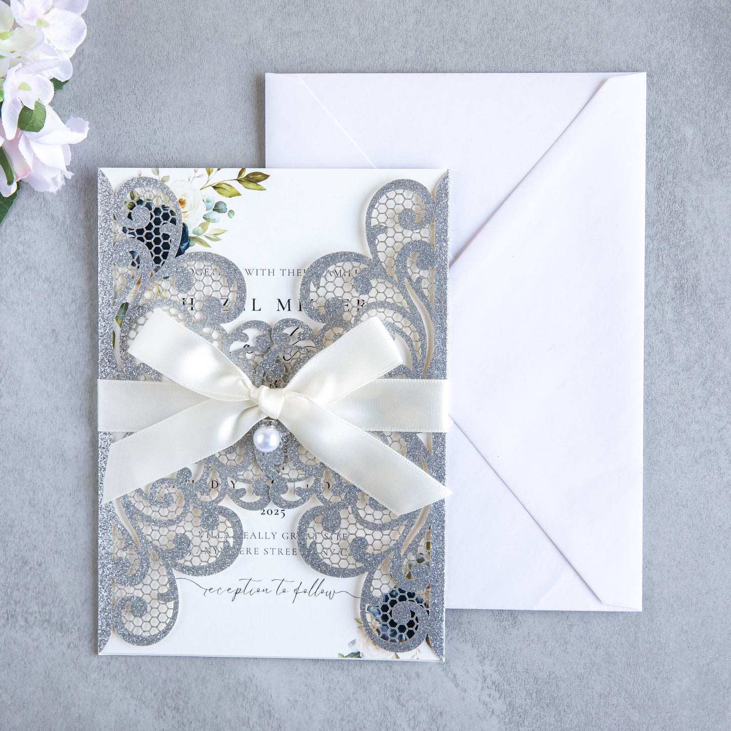 NingsPaper Silver Glitter Laser Cut Invitation Cards with Ribbons and Rhinestone Pearls