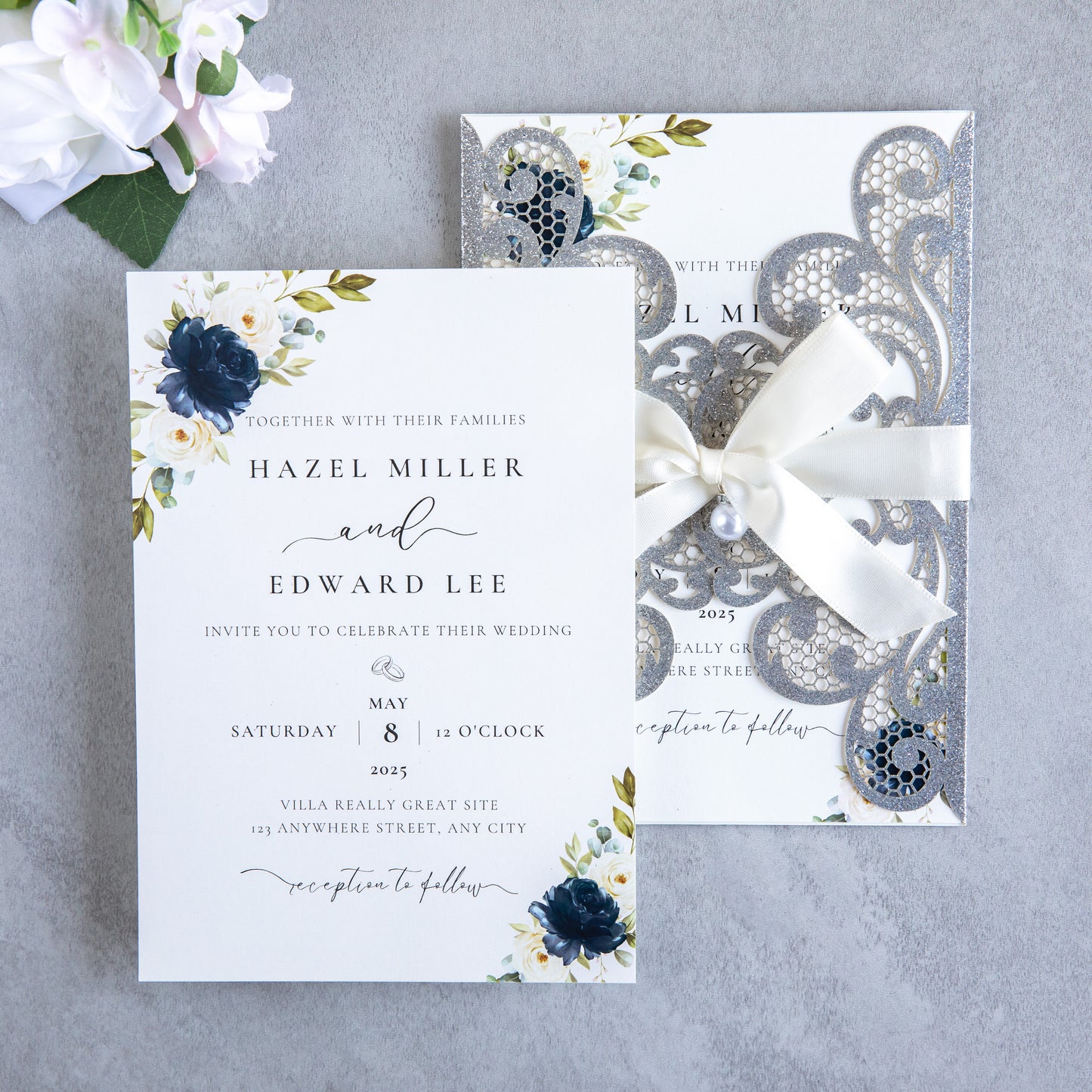 NingsPaper Silver Glitter Laser Cut Invitation Cards with Ribbons and Rhinestone Pearls