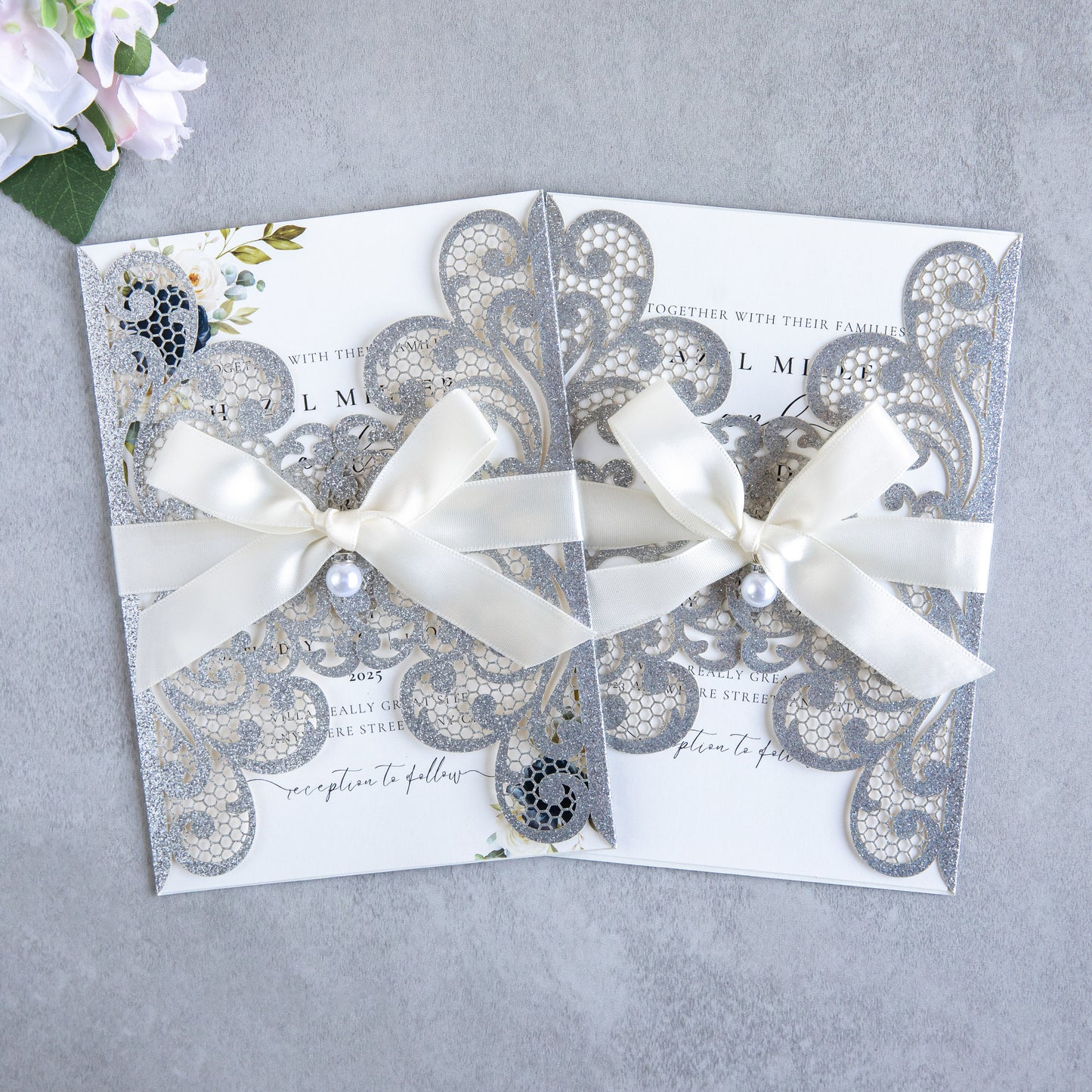 NingsPaper Silver Glitter Laser Cut Invitation Cards with Ribbons and Rhinestone Pearls