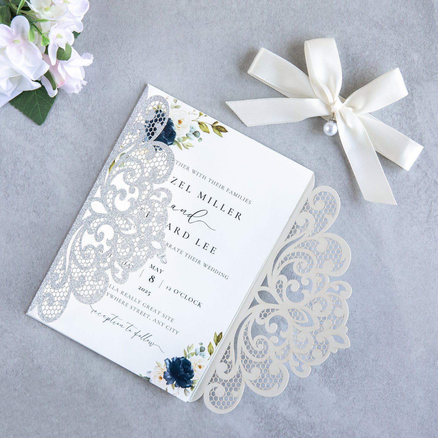NingsPaper Silver Glitter Laser Cut Invitation Cards with Ribbons and Rhinestone Pearls