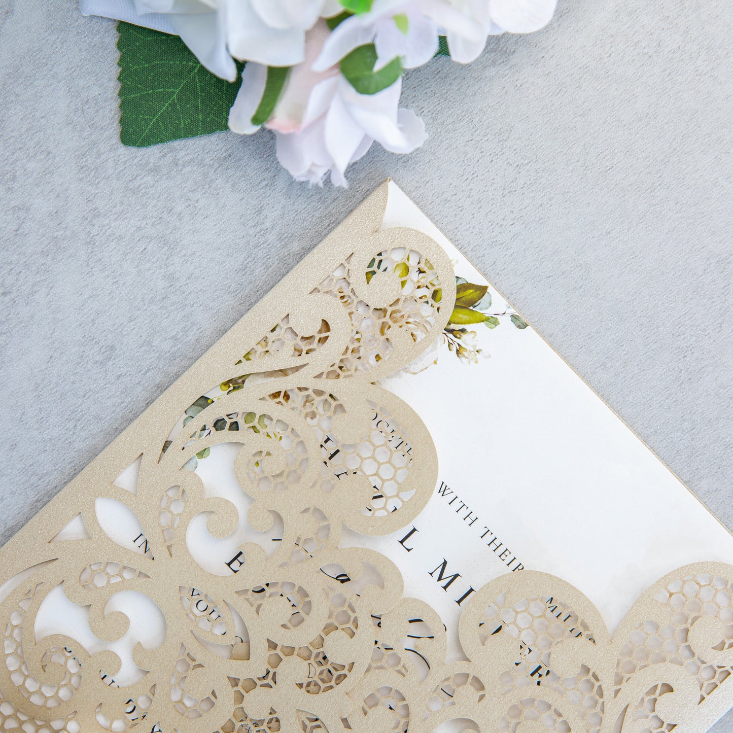 NingsPaper Champagne Laser Cut Invitation Cards with Ribbons and Rhinestone Pearls