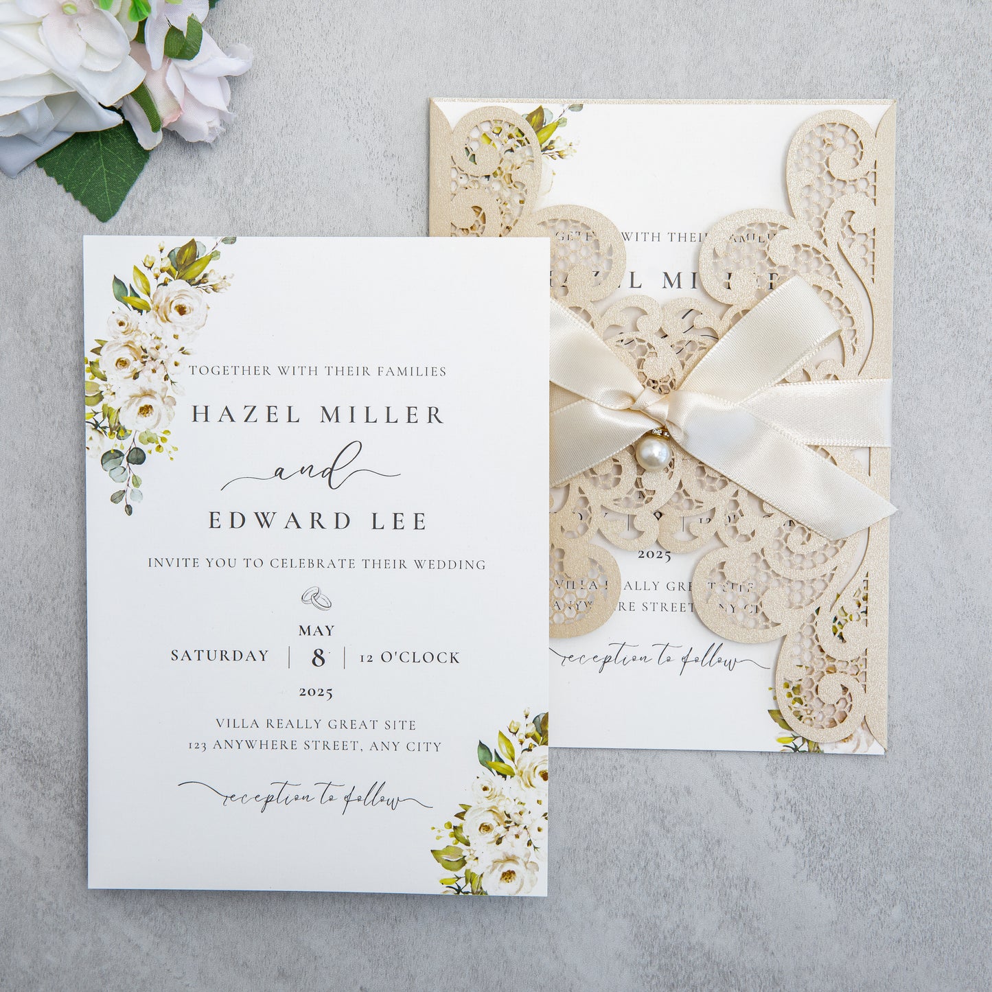 NingsPaper Champagne Laser Cut Invitation Cards with Ribbons and Rhinestone Pearls