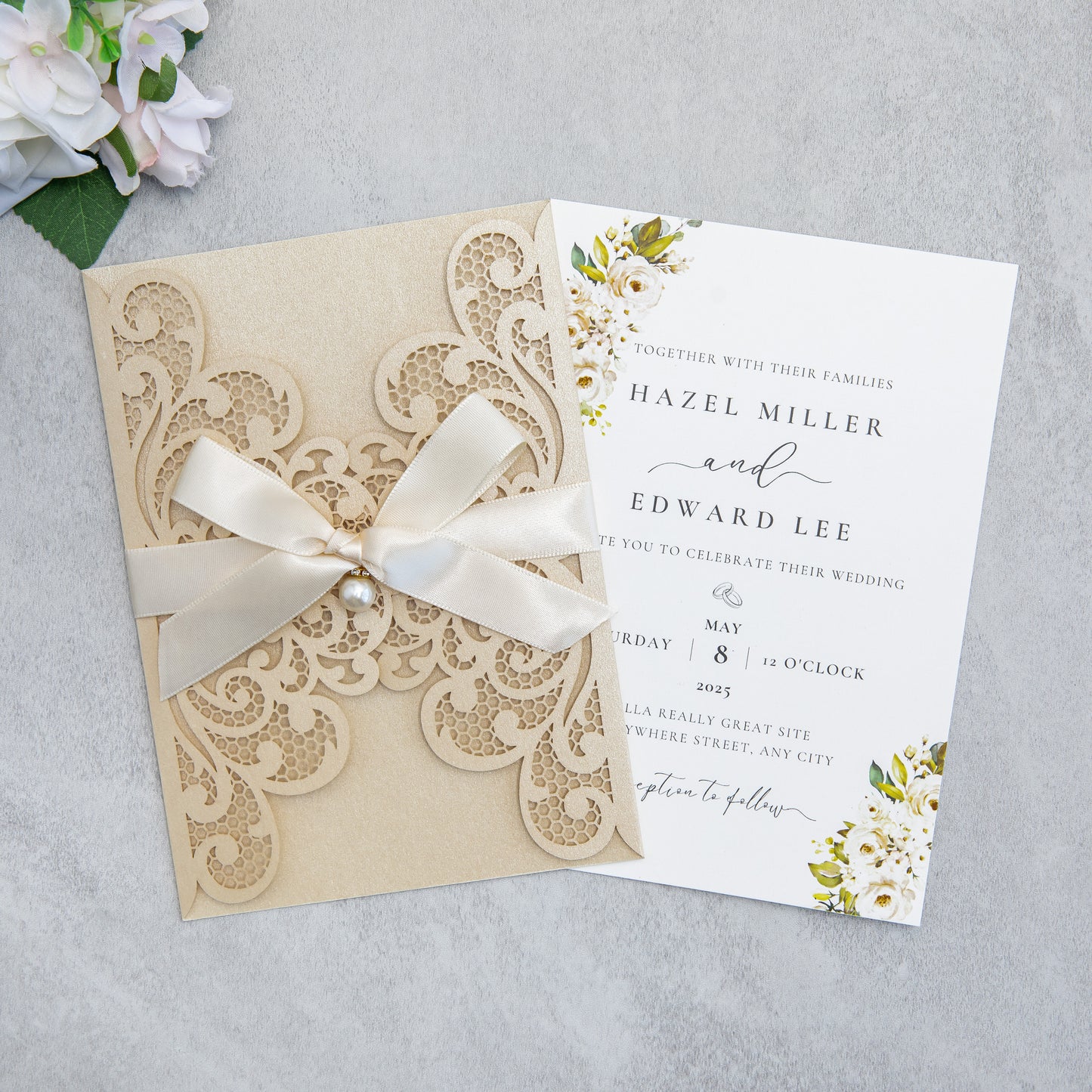 NingsPaper Champagne Laser Cut Invitation Cards with Ribbons and Rhinestone Pearls