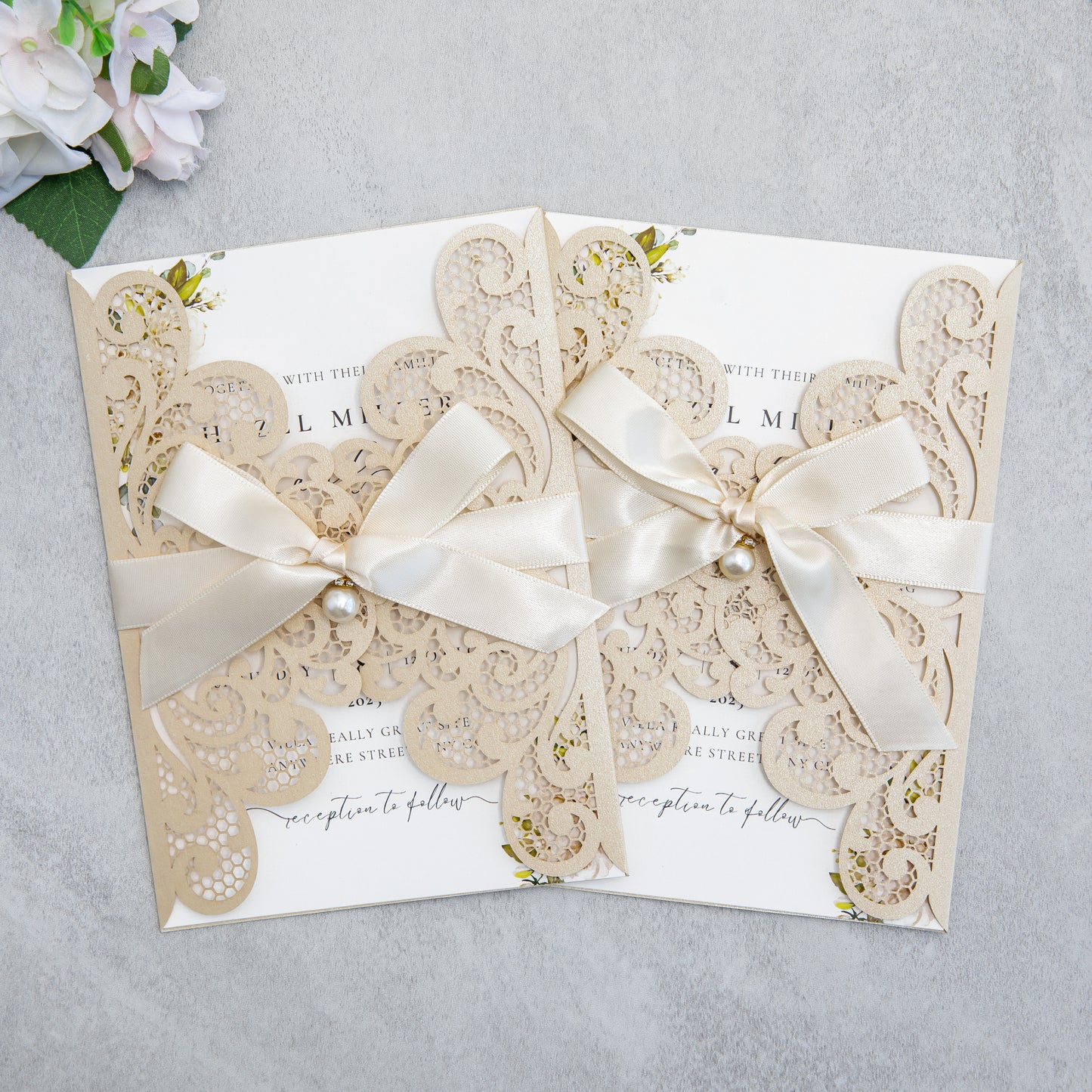 NingsPaper Champagne Laser Cut Invitation Cards with Ribbons and Rhinestone Pearls