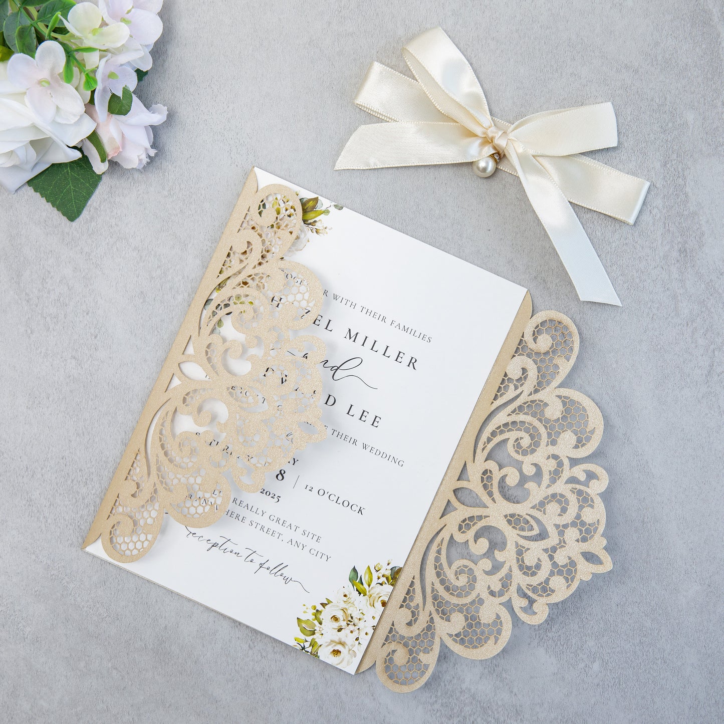 NingsPaper Champagne Laser Cut Invitation Cards with Ribbons and Rhinestone Pearls