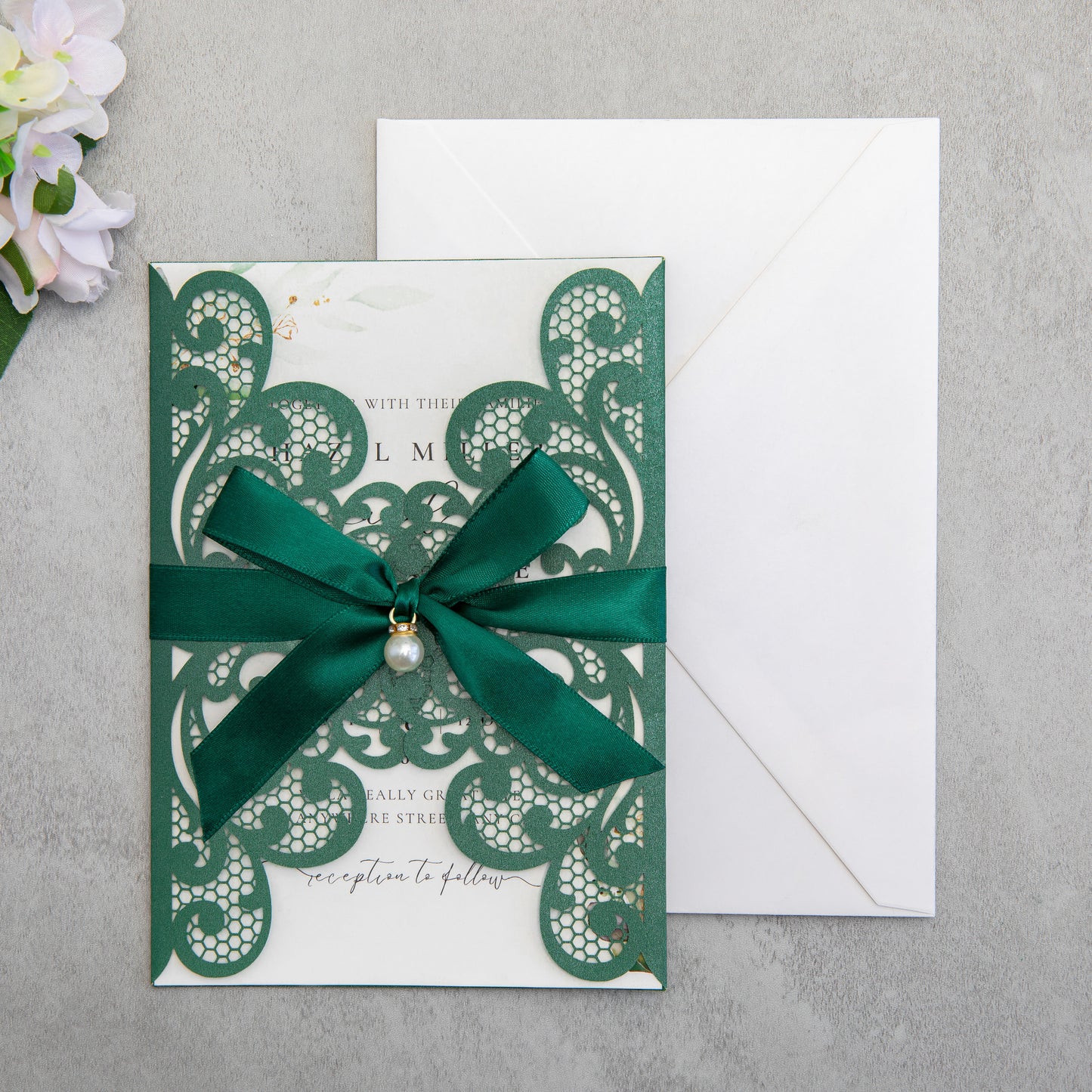NingsPaper Emerald Green Laser Cut Invitation Cards with Ribbons and Rhinestone Pearls