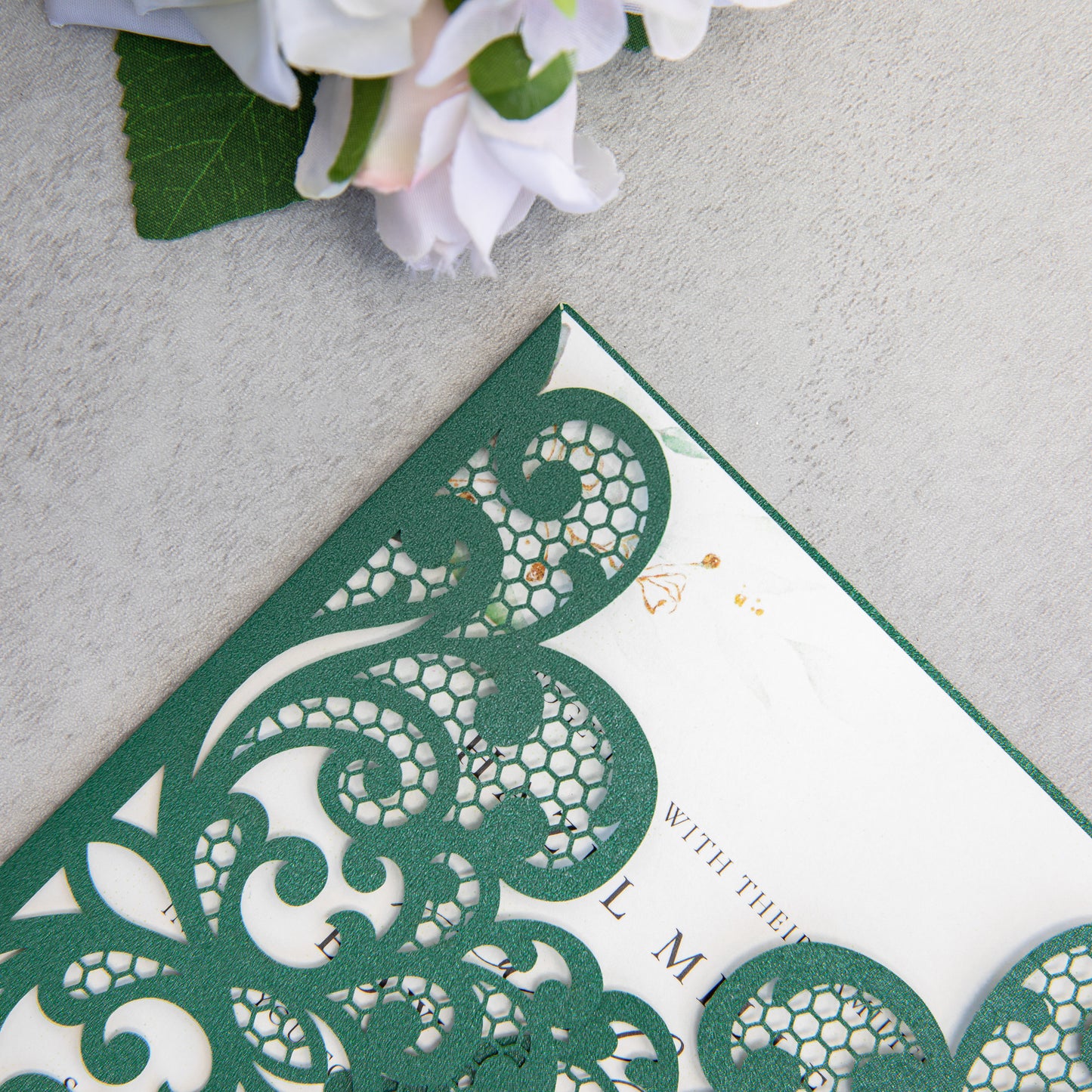 NingsPaper Emerald Green Laser Cut Invitation Cards with Ribbons and Rhinestone Pearls