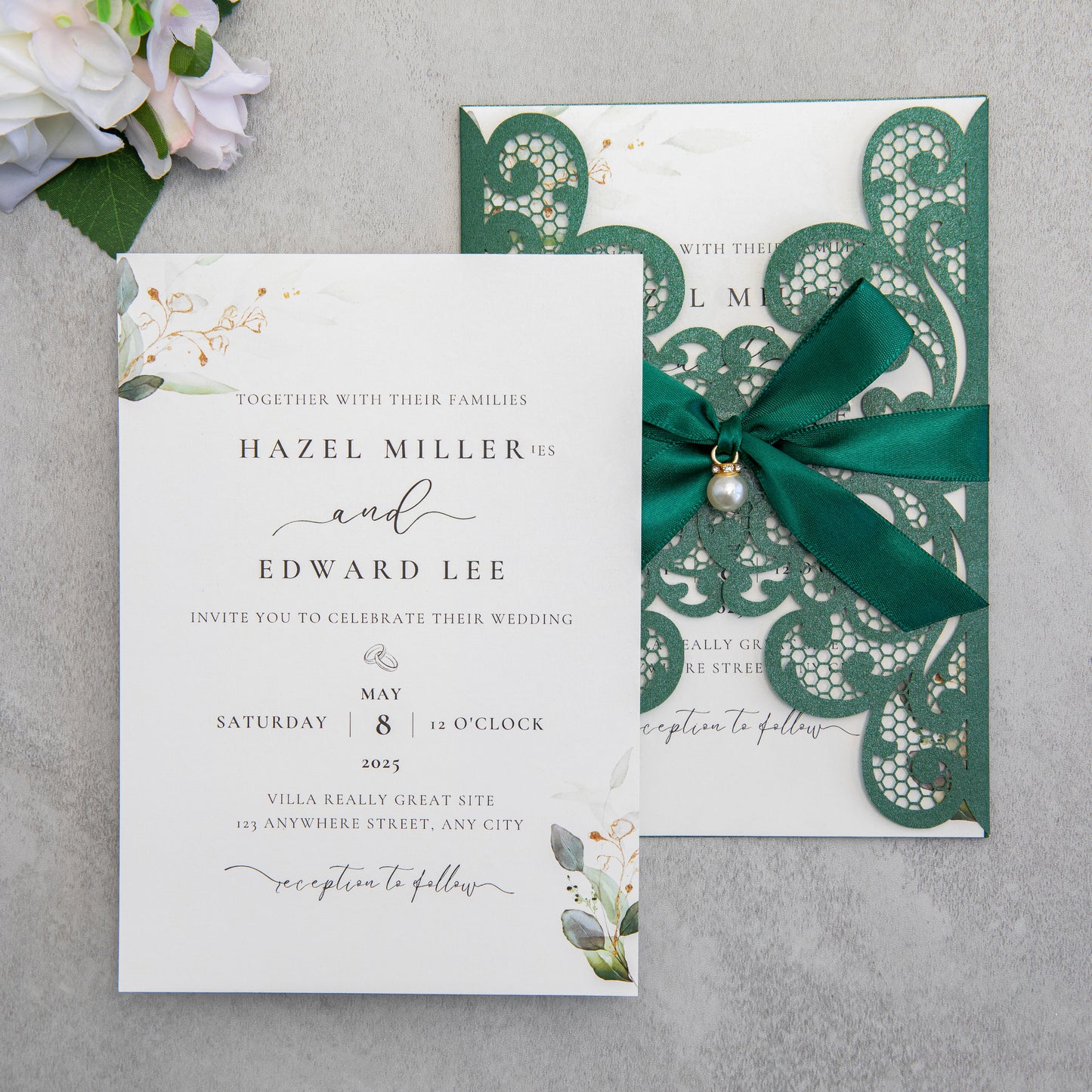 NingsPaper Emerald Green Laser Cut Invitation Cards with Ribbons and Rhinestone Pearls
