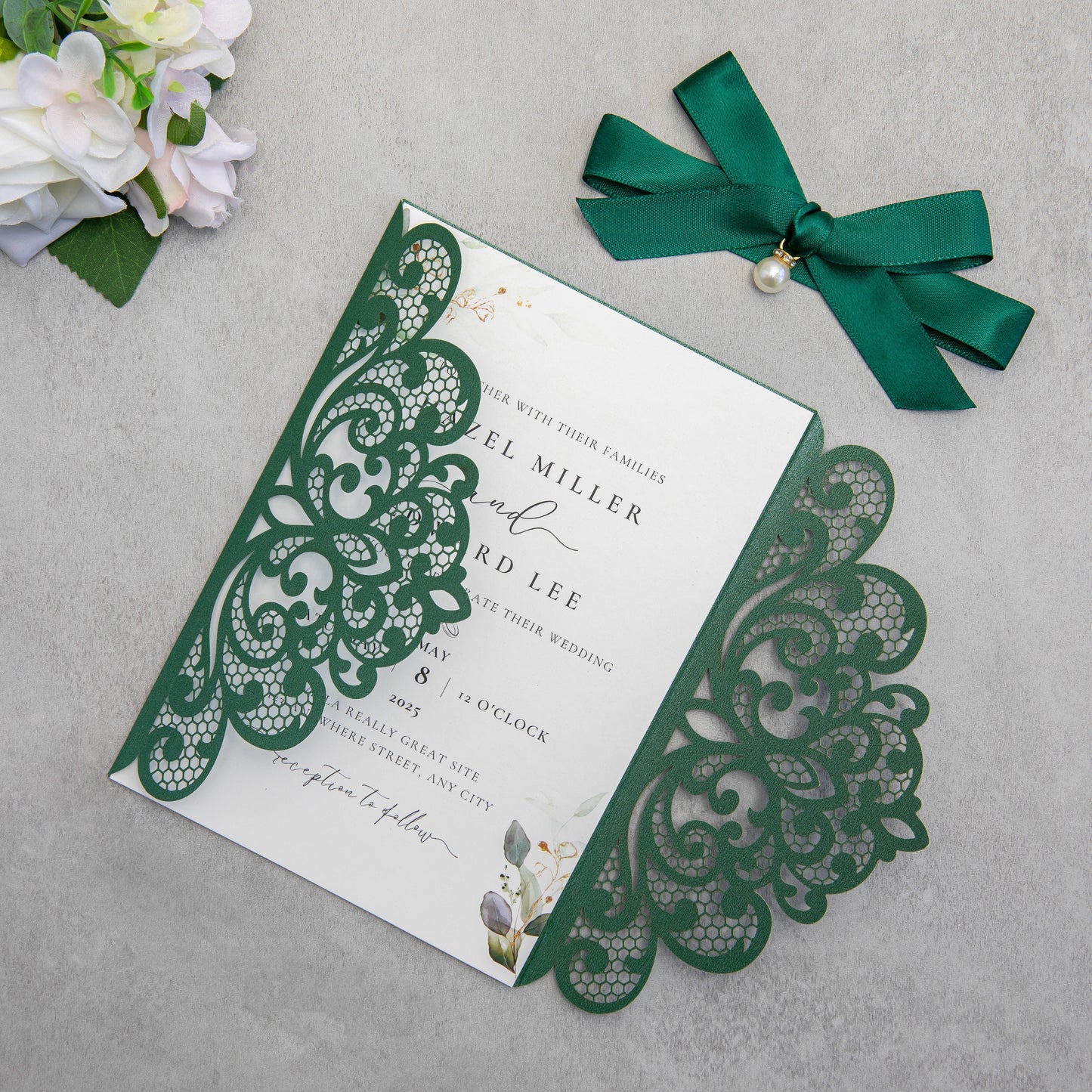 NingsPaper Emerald Green Laser Cut Invitation Cards with Ribbons and Rhinestone Pearls
