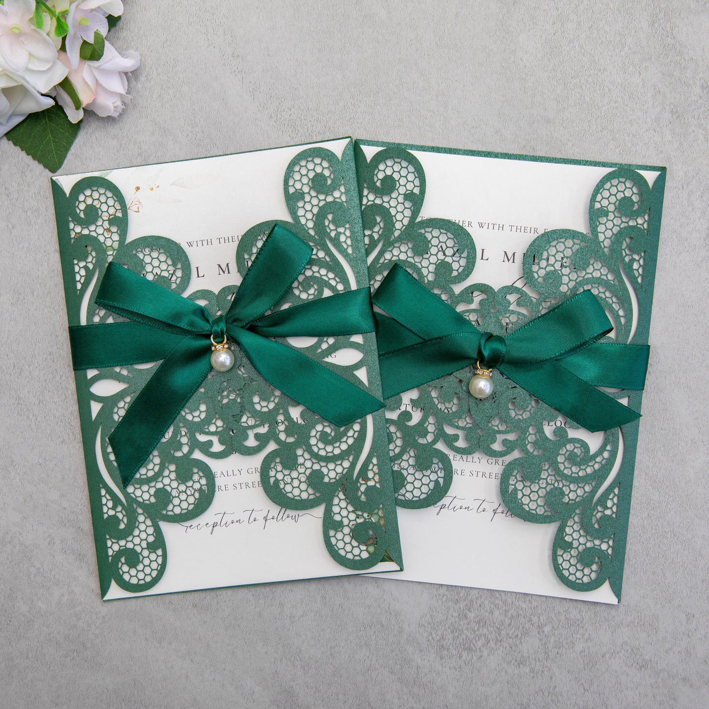 NingsPaper Emerald Green Laser Cut Invitation Cards with Ribbons and Rhinestone Pearls