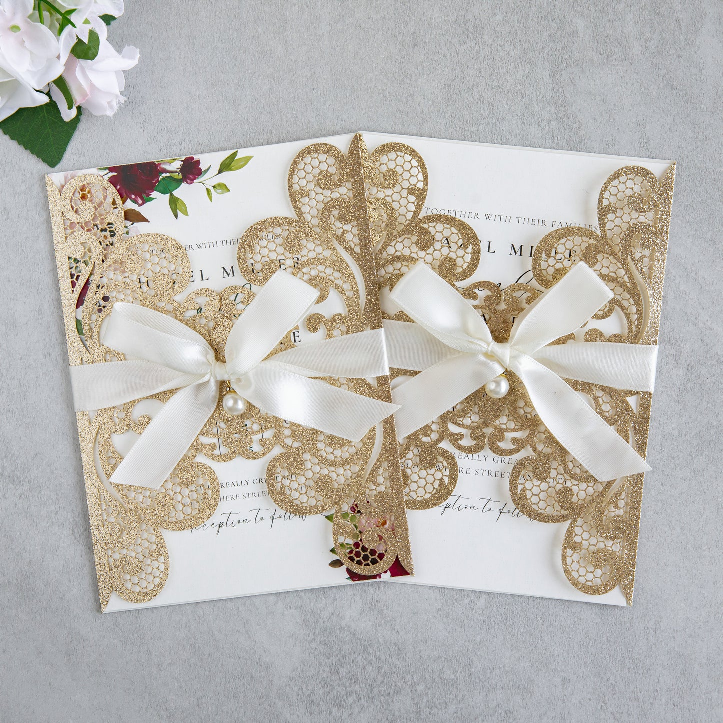 NingsPaper Rose Gold Laser Cut Invitation Cards with Ribbons and Rhinestone Pearls