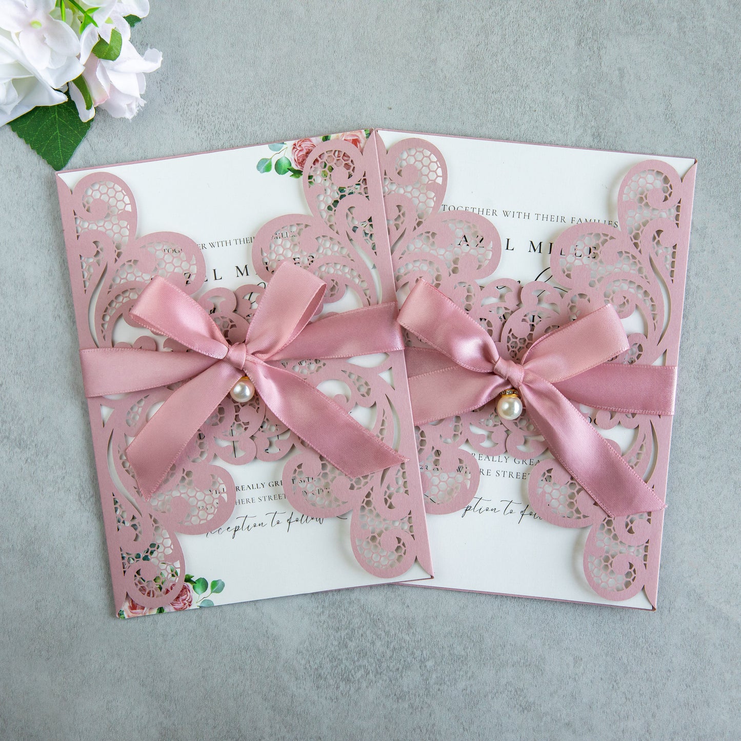 NingsPaper Dusty Rose Laser Cut Invitation Cards with Ribbons and Rhinestone Pearls