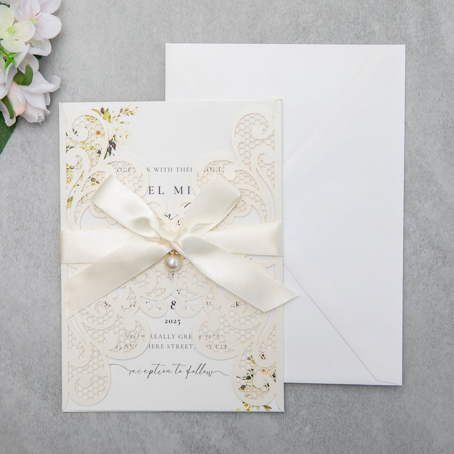 NingsPaper Ivory Laser Cut Invitation Cards with Ribbons and Rhinestone Pearls