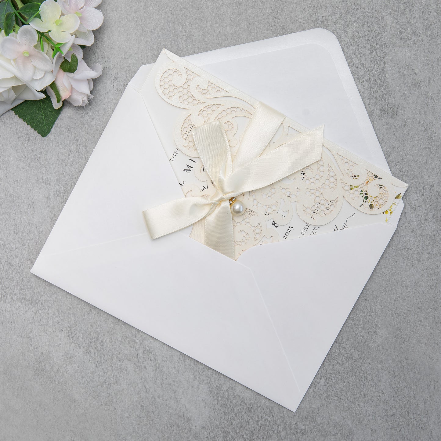 NingsPaper Ivory Laser Cut Invitation Cards with Ribbons and Rhinestone Pearls