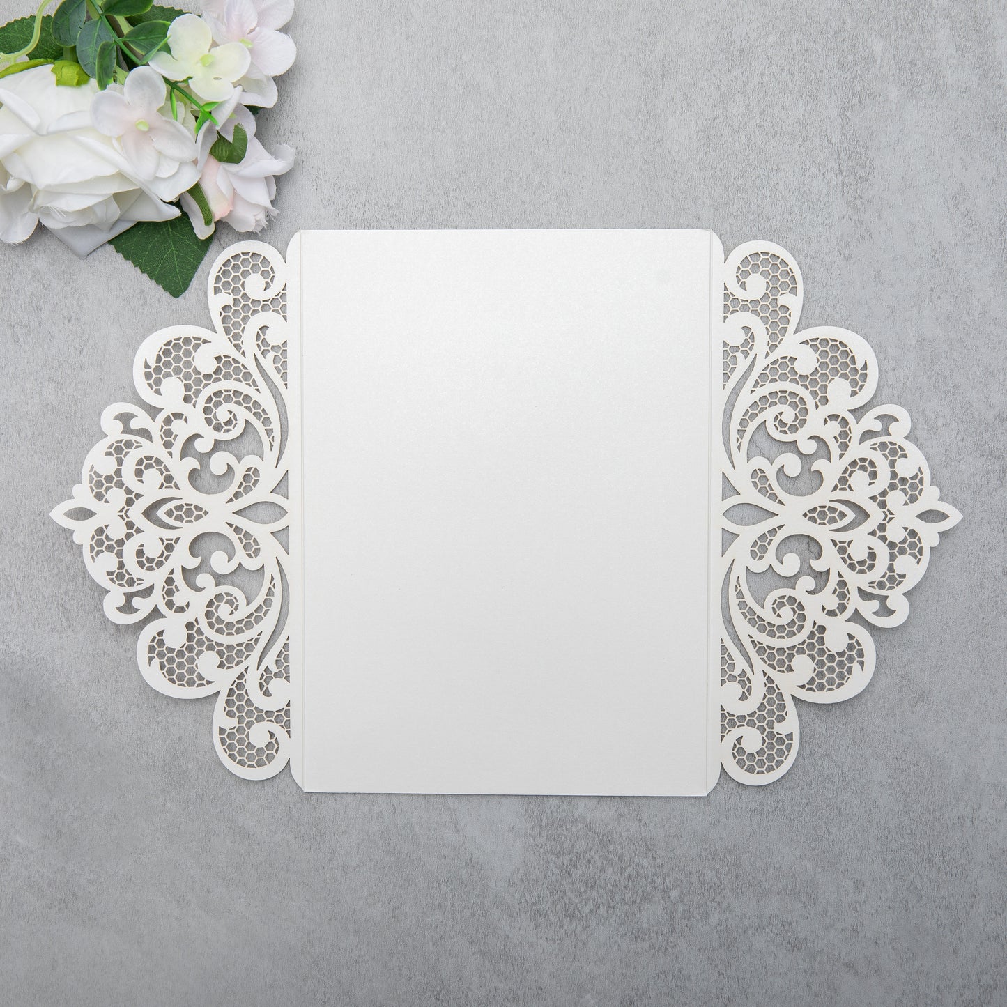 NingsPaper Ivory Laser Cut Invitation Cards with Ribbons and Rhinestone Pearls