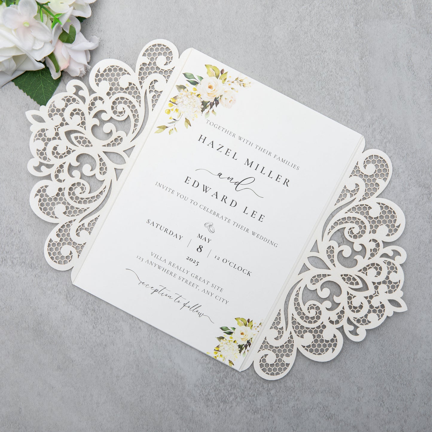 NingsPaper Ivory Laser Cut Invitation Cards with Ribbons and Rhinestone Pearls