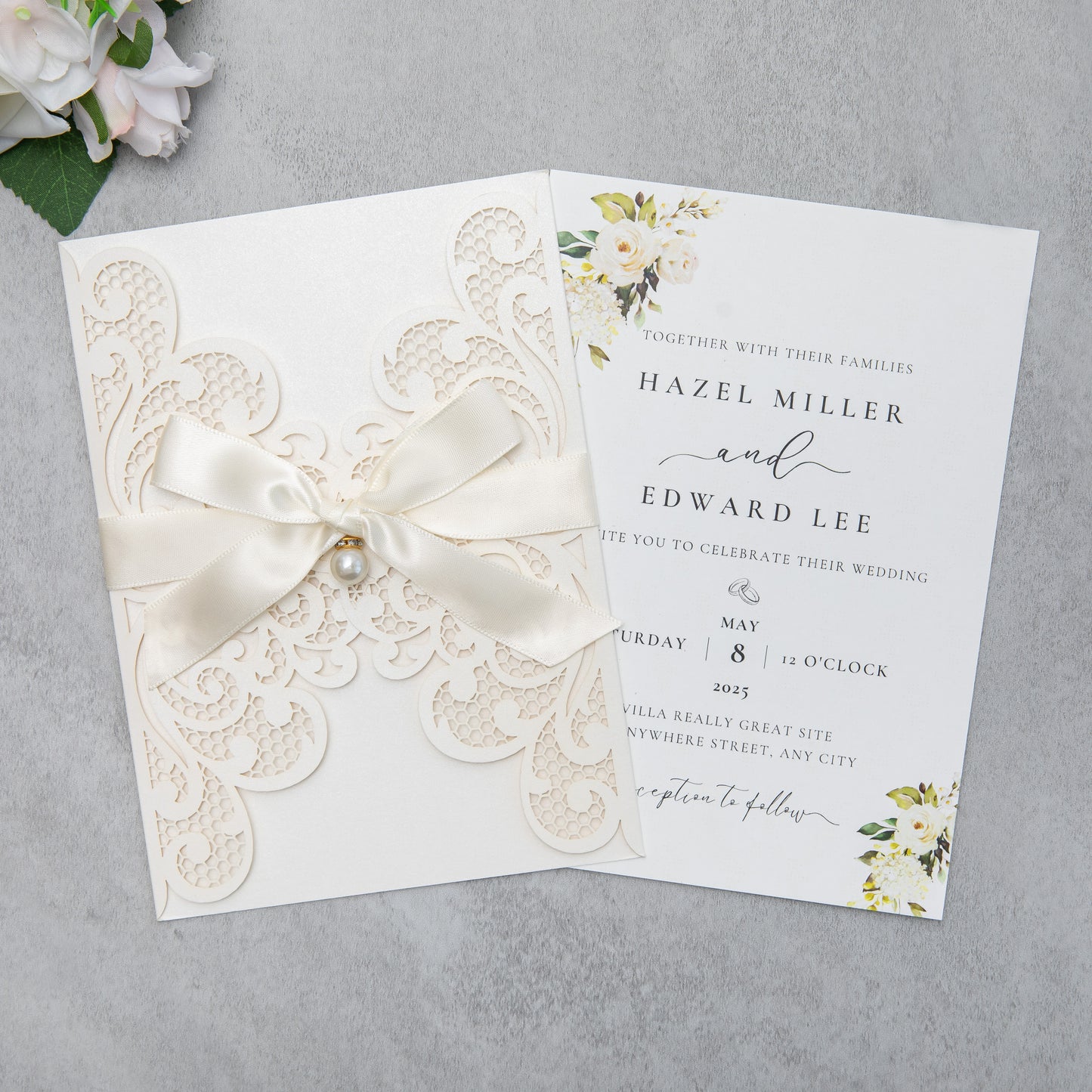 NingsPaper Ivory Laser Cut Invitation Cards with Ribbons and Rhinestone Pearls