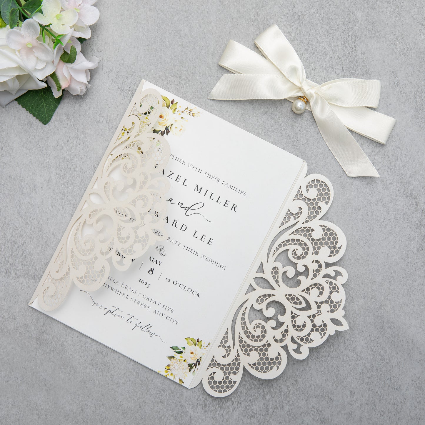 NingsPaper Ivory Laser Cut Invitation Cards with Ribbons and Rhinestone Pearls