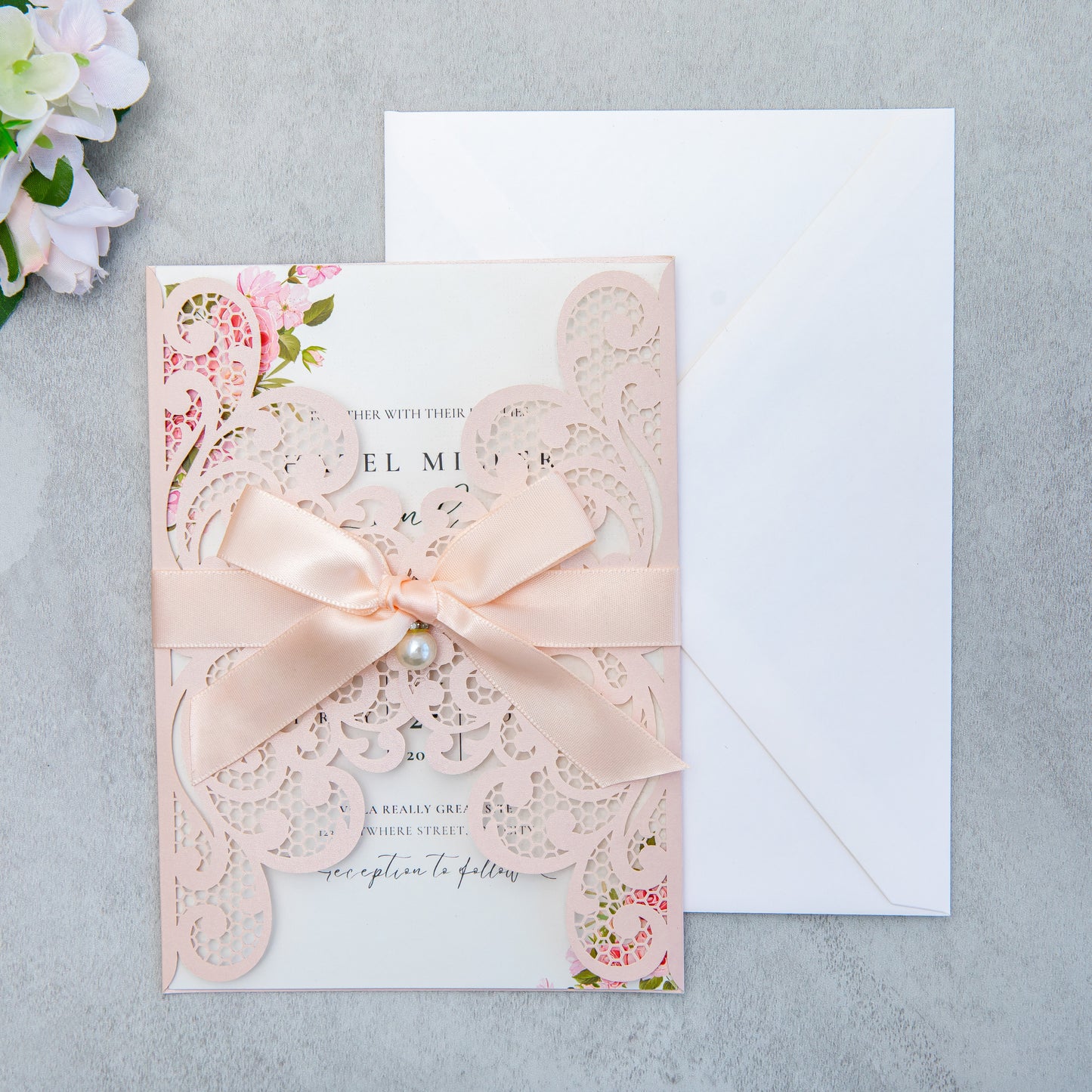 NingsPaper Blush Pink Laser Cut Invitation Cards with Ribbons and Rhinestone Pearls