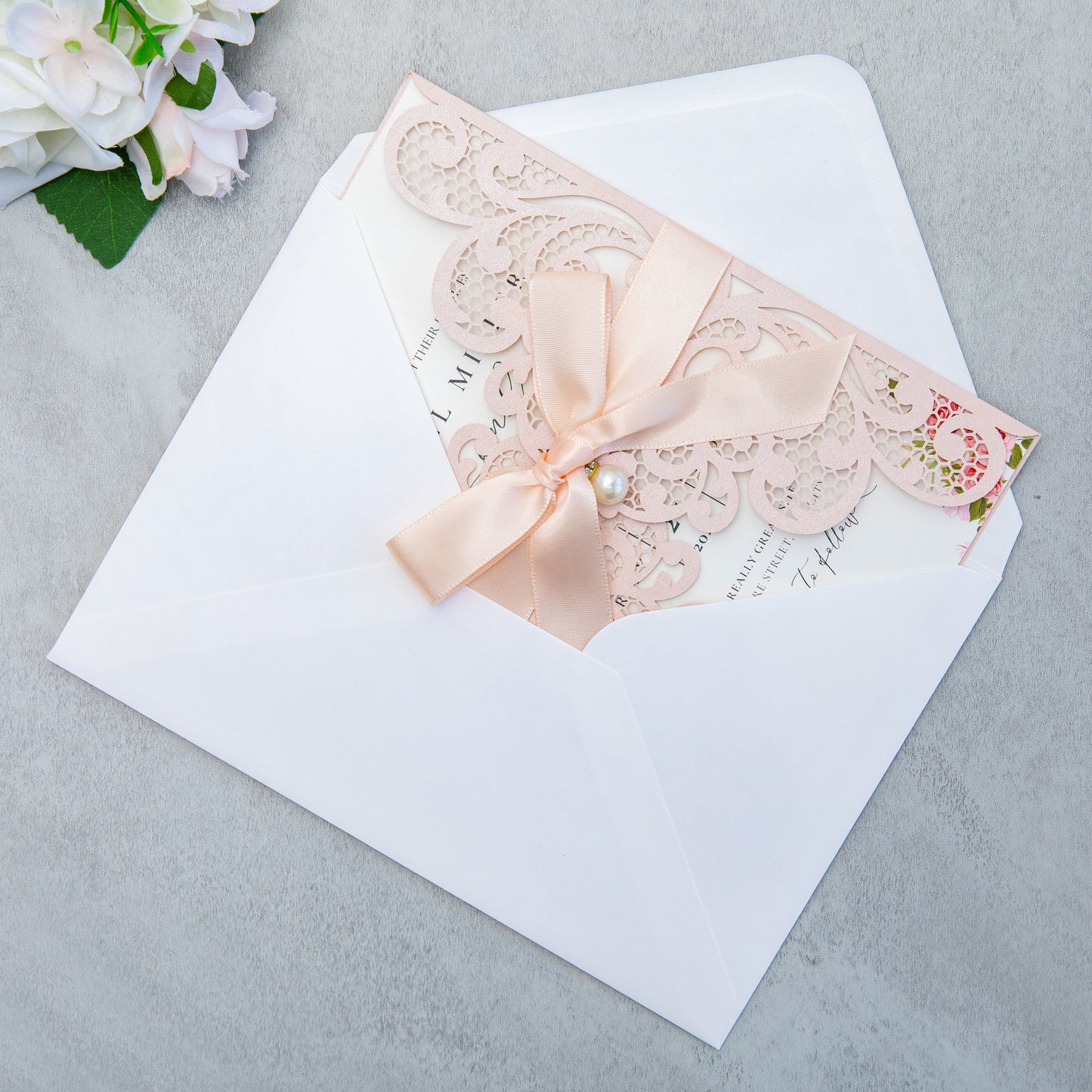 NingsPaper Blush Pink Laser Cut Invitation Cards with Ribbons and Rhinestone Pearls