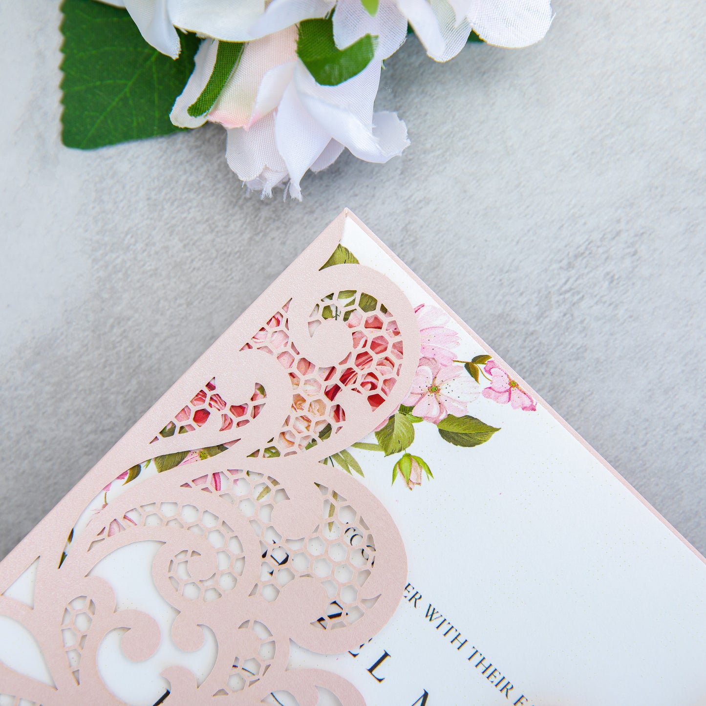 NingsPaper Blush Pink Laser Cut Invitation Cards with Ribbons and Rhinestone Pearls