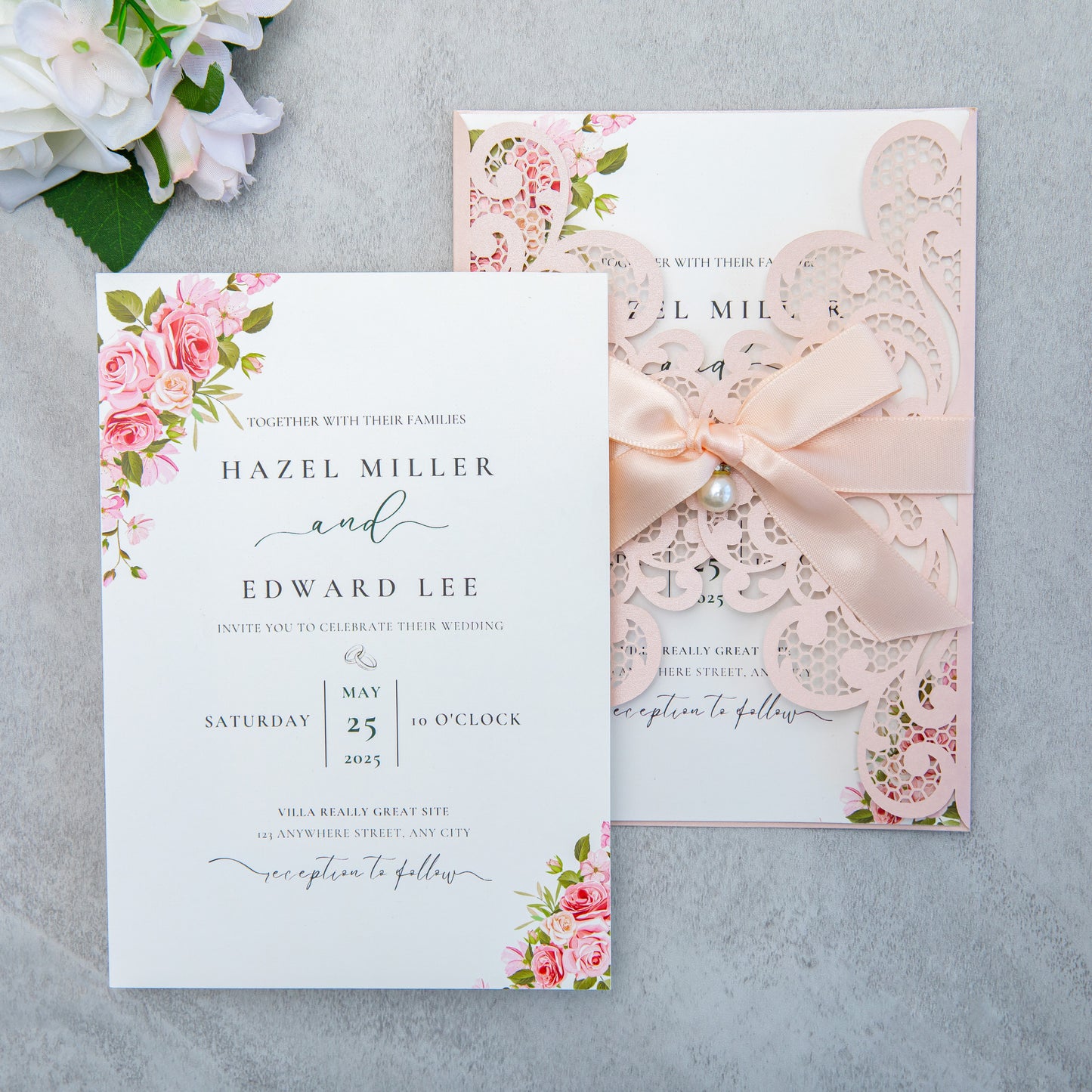 NingsPaper Blush Pink Laser Cut Invitation Cards with Ribbons and Rhinestone Pearls