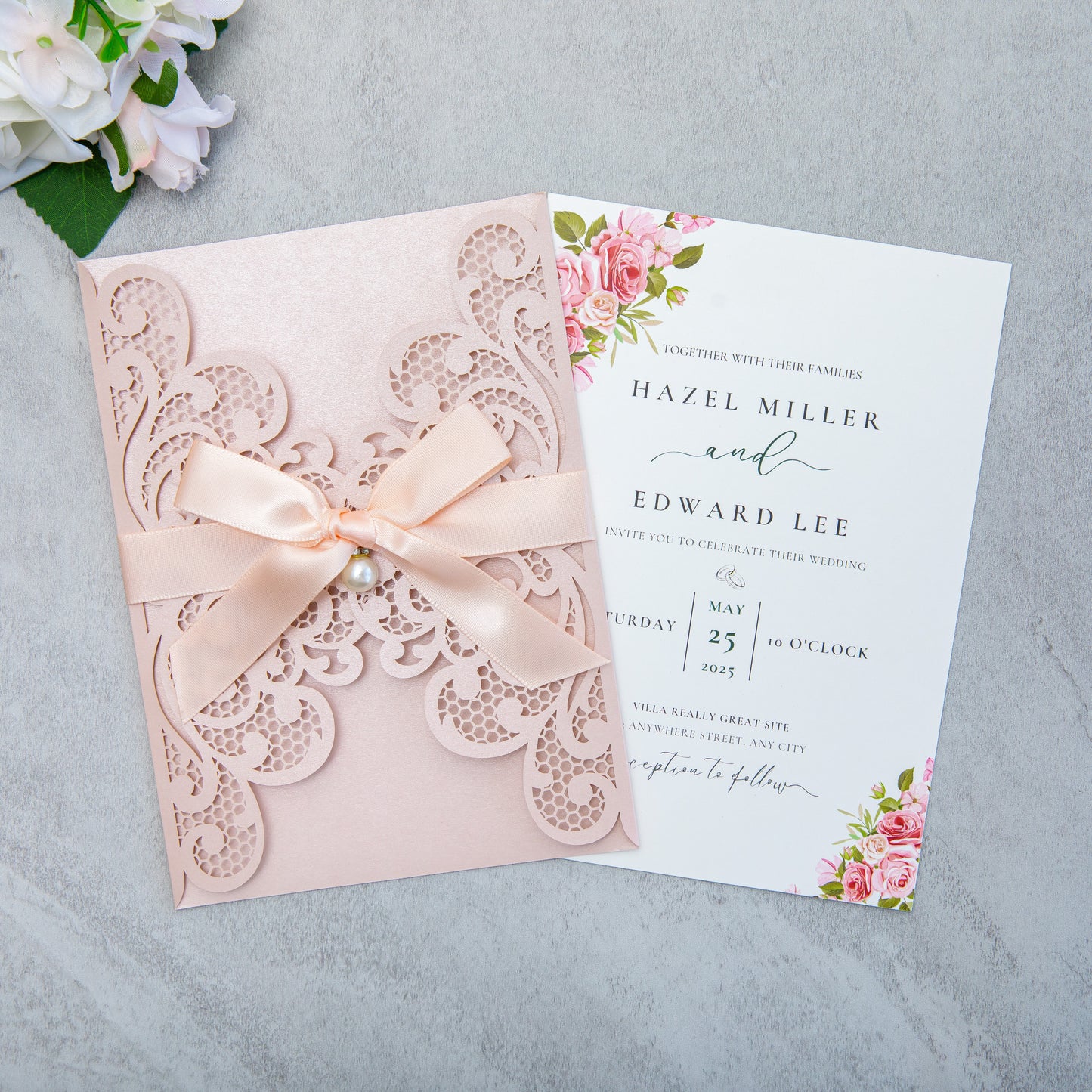 NingsPaper Blush Pink Laser Cut Invitation Cards with Ribbons and Rhinestone Pearls