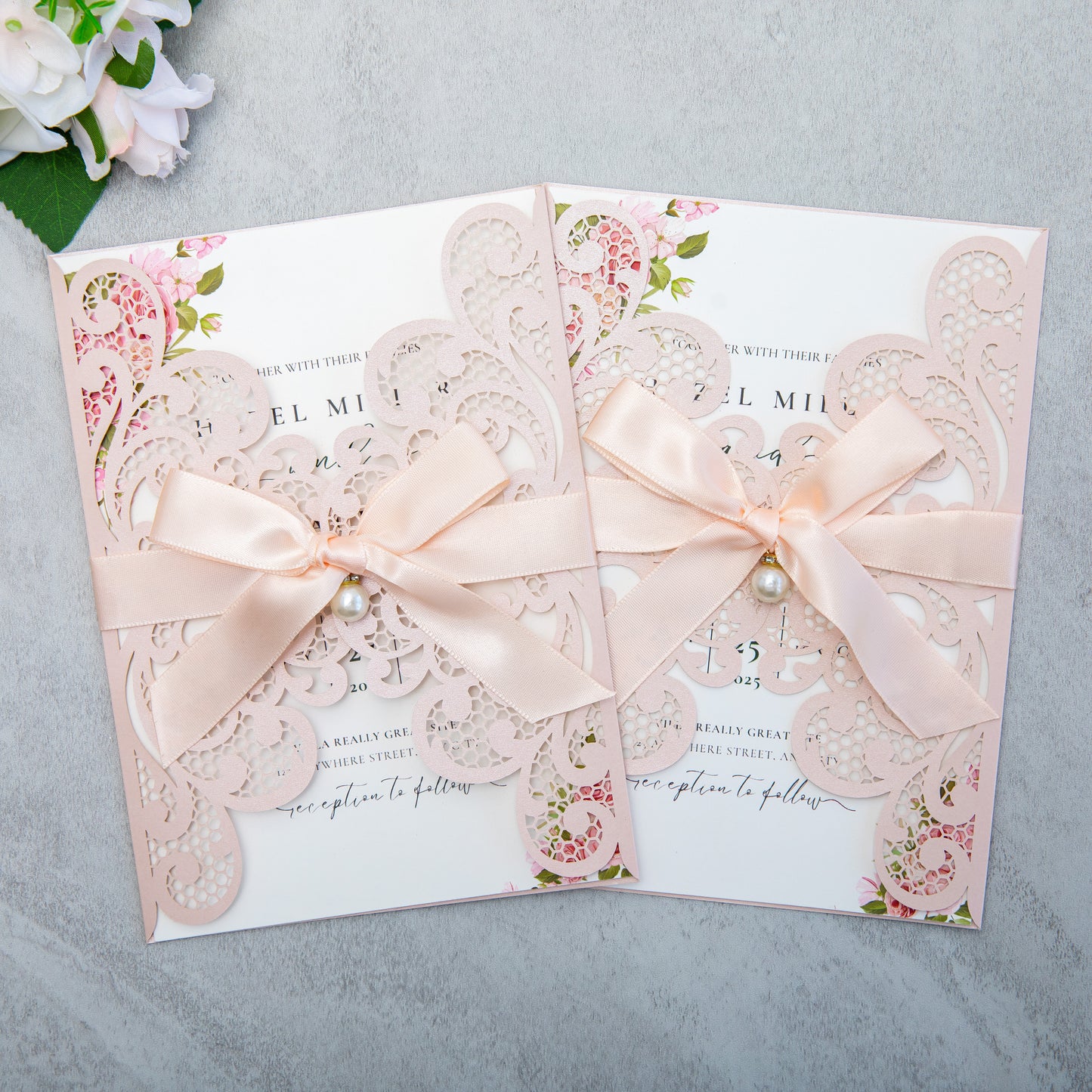 NingsPaper Blush Pink Laser Cut Invitation Cards with Ribbons and Rhinestone Pearls