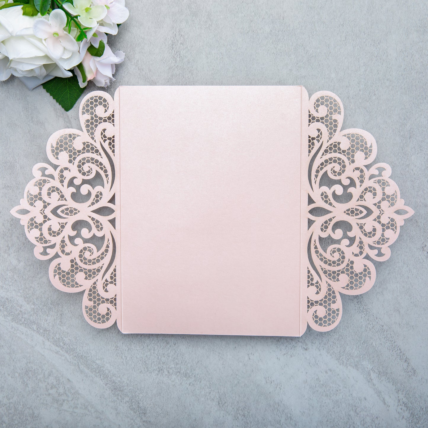 NingsPaper Blush Pink Laser Cut Invitation Cards with Ribbons and Rhinestone Pearls