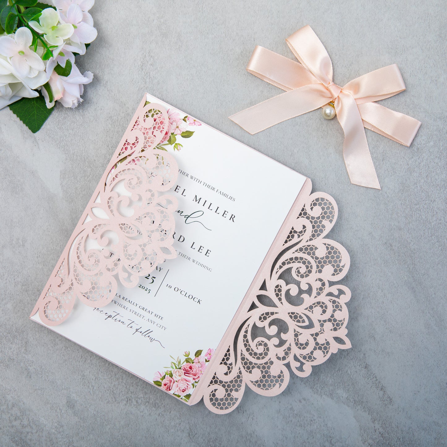 NingsPaper Blush Pink Laser Cut Invitation Cards with Ribbons and Rhinestone Pearls