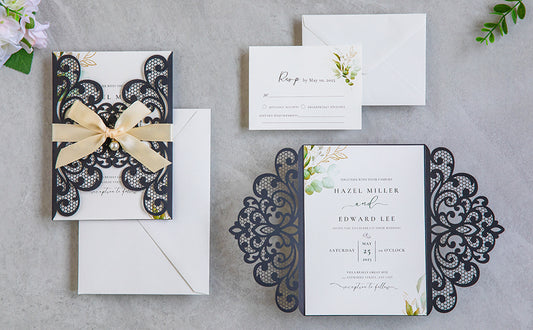 NingsPaper Black Laser Cut Invitation Cards with Ribbons and Rhinestone Pearls