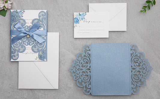 NingsPaper Dusty Blue Laser Cut Invitation Cards with Ribbons and Rhinestone Pearls