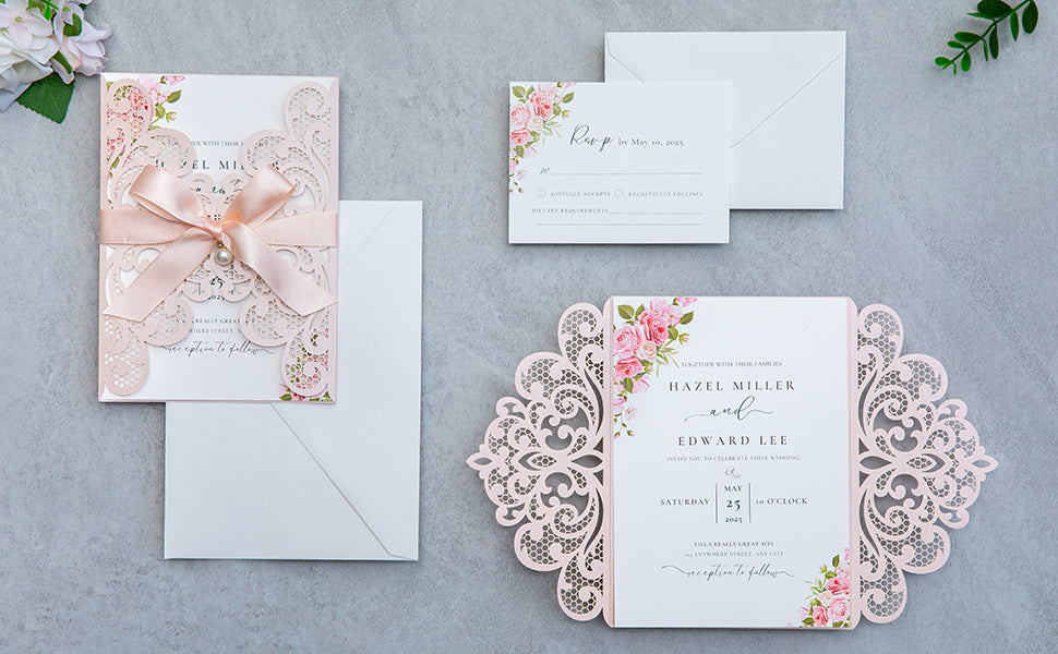 NingsPaper Blush Pink Laser Cut Invitation Cards with Ribbons and Rhinestone Pearls